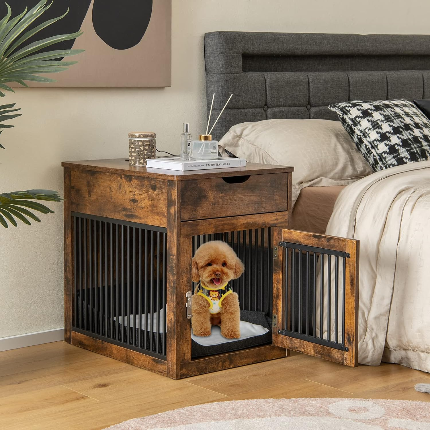 Costway Furniture Style Dog Crate, Decorative Dog Kennel End Table with Wired & Wireless Charging, Washable Cushion, Storage Drawer, Indoor Dog House Side Table for Small Dogs, Rustic Brown image number 2