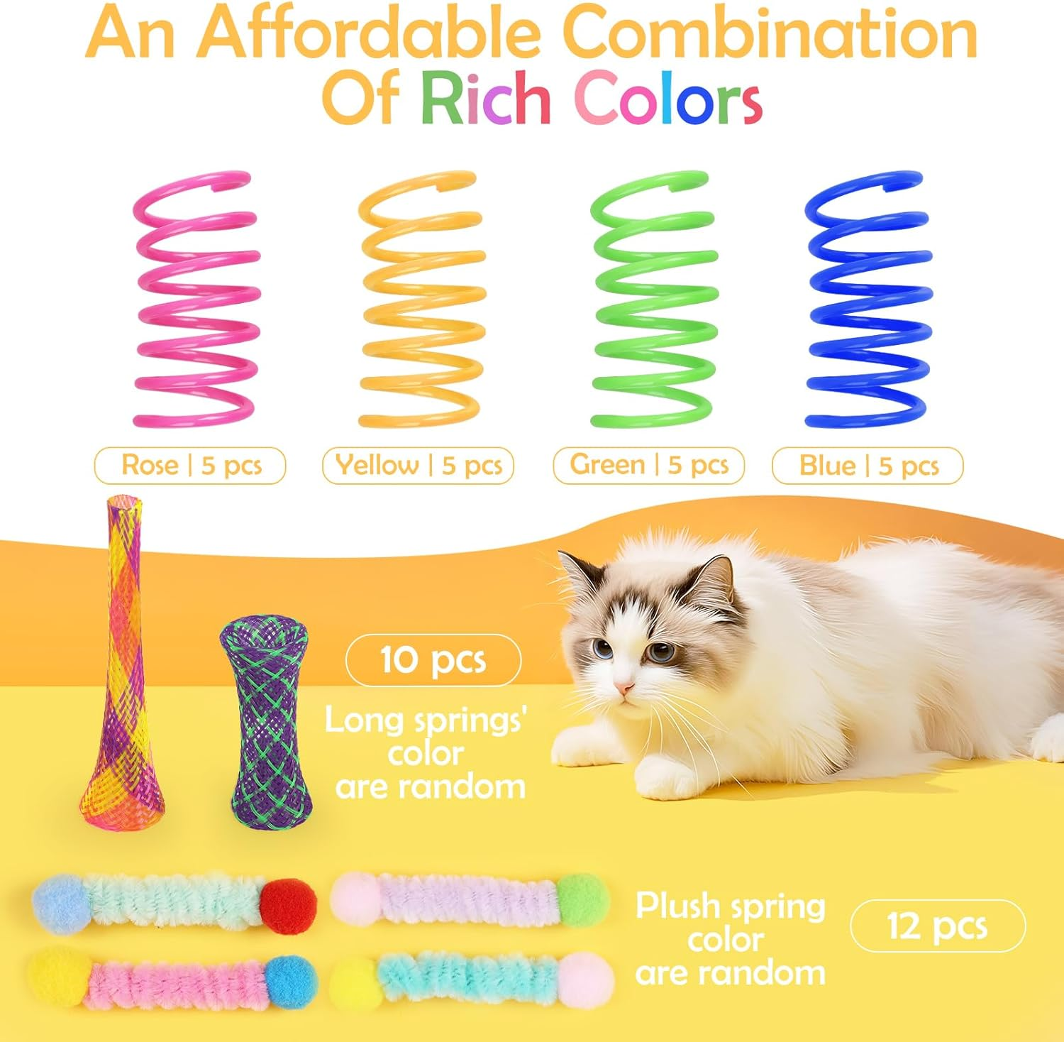 42Pcs Cat Spring Toys，Geeric 20 Short Springs+12 Plush Toy+10 Elastic Hose Tube Colorful Folding Bouncing Mesh Pet Spring Tube Kitten Toy Portable Interactive Cats Toys to Swat, Bite, Hunt In/Outdoor image number 3