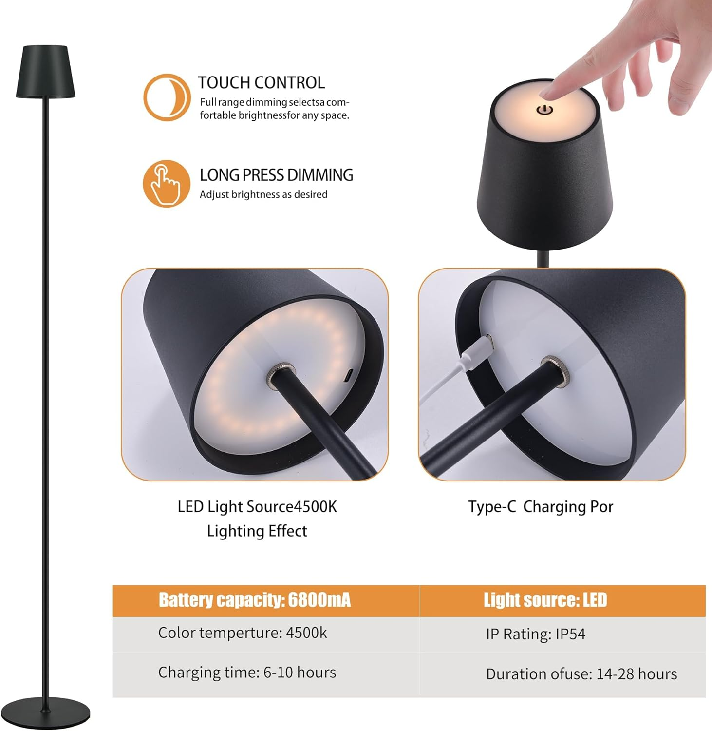 2 Pack Rechargeable Floor Lamps - Brightness Adjustable LED Indoor/Outdoor Cordless with IP54, 6800Mah Battery（Black） image number 1