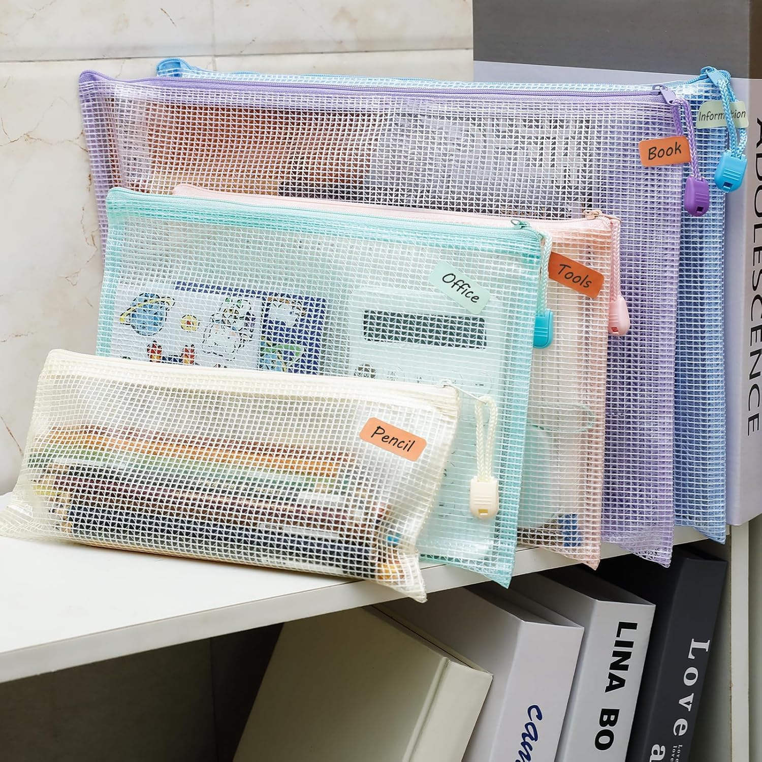 OSYLICT 15Pcs Mesh Zipper Pouch Bags,A4 A5 A6 Plastic Zip File Wallet Folders,Waterproof Clear Travel Document Storage Bag,5 Colors, Multipurpose for School Office Home Supplies image number 1