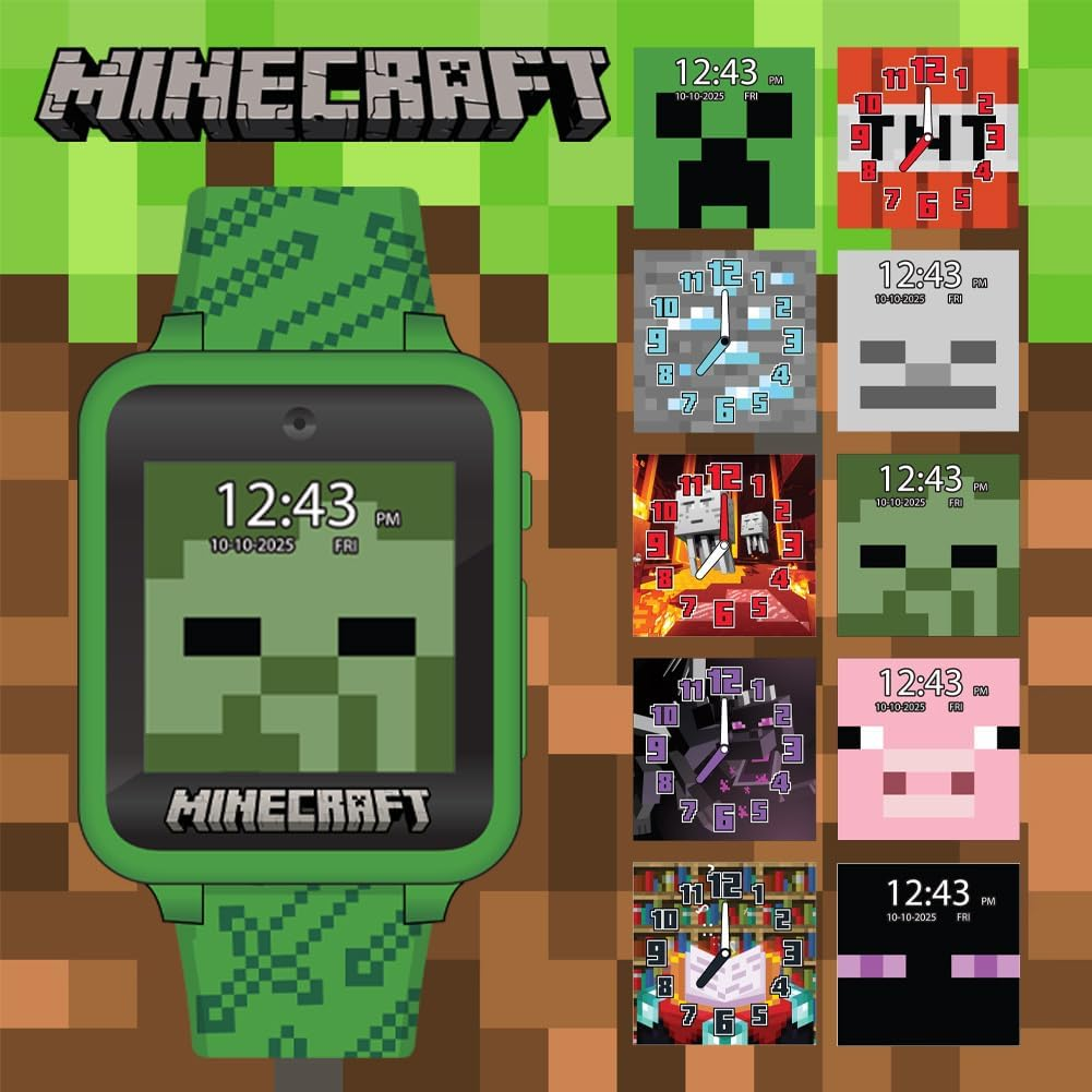 Accutime Microsoft Minecraft Green Educational Learning Touchscreen Smart Watch Toy for Boys, Girls, Toddlers - Selfie Cam, Learning Games, Alarm, Calculator, Step Tracker & More! (Model: MIN4045AZ) image number 2