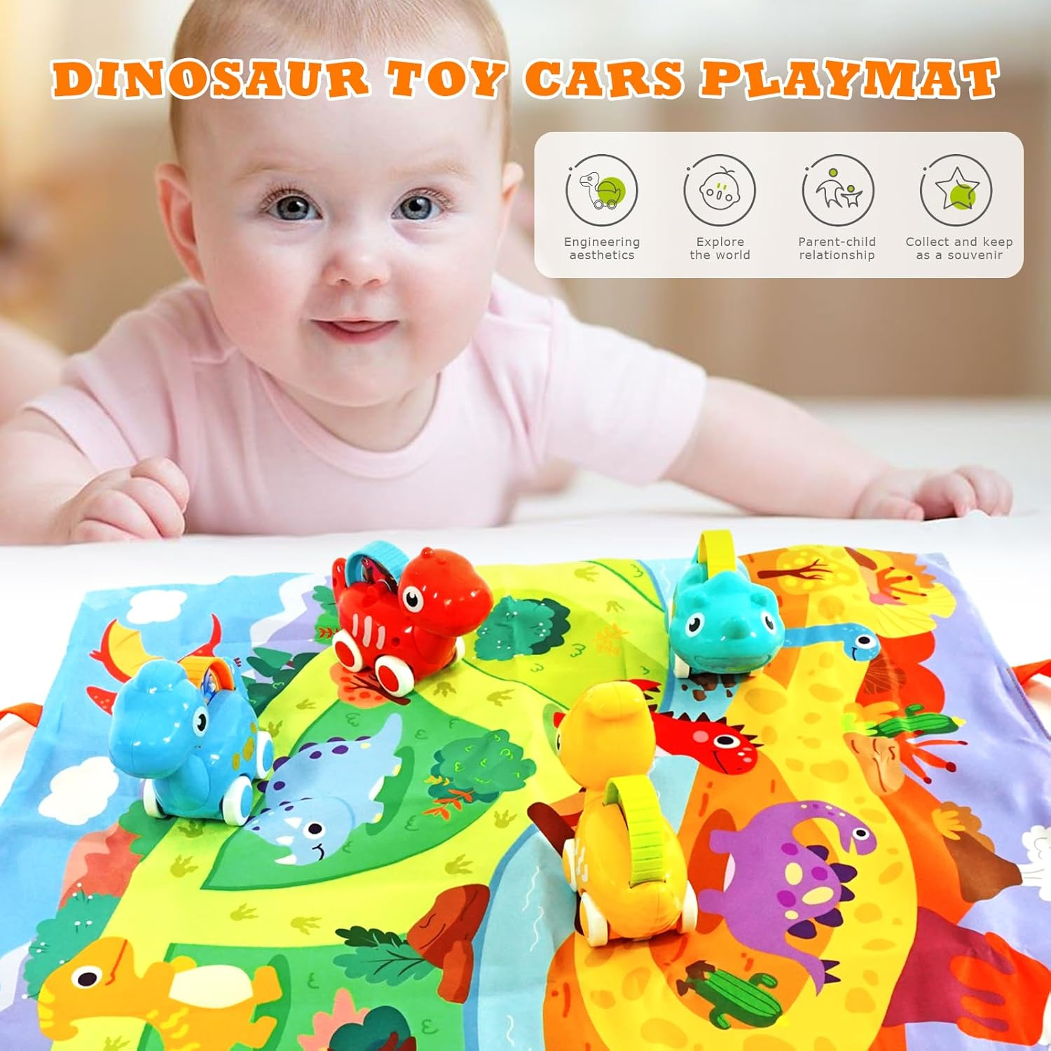 4 PCS Dinosaur Car Toys with Playmat/Storage Bag,1St Birthday Gifts for Toddler Toys Age 1-2, Baby for 1 2 Year Old Boy, 1 2 Year Old Boy Birthday Gift for Infant Toddlers image number 1