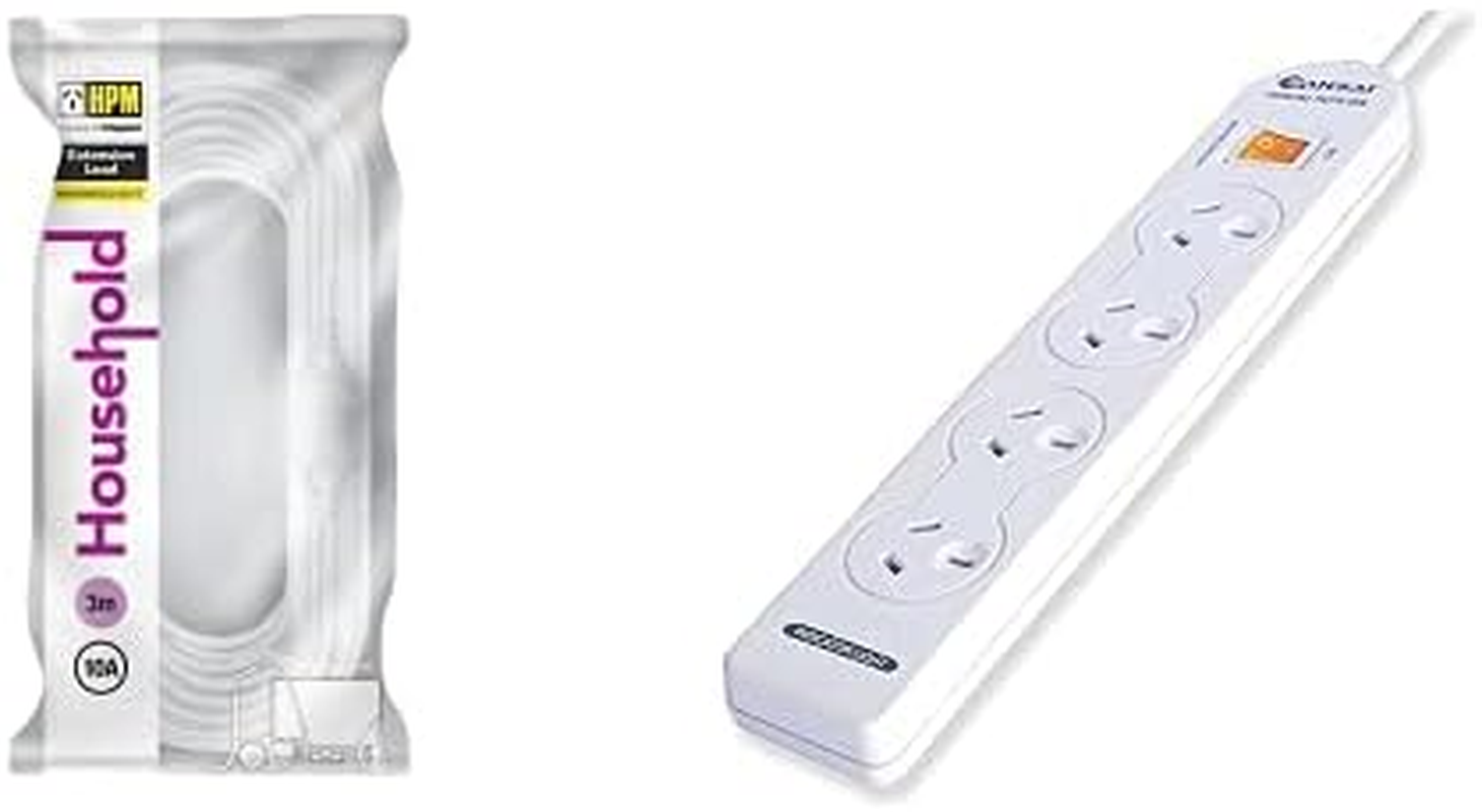 HPM Household Duty Extension Lead White 3M + Sansai 4 Way Powerboard Sockets Splitter Overload Protection/Switch/1M Cord/10A