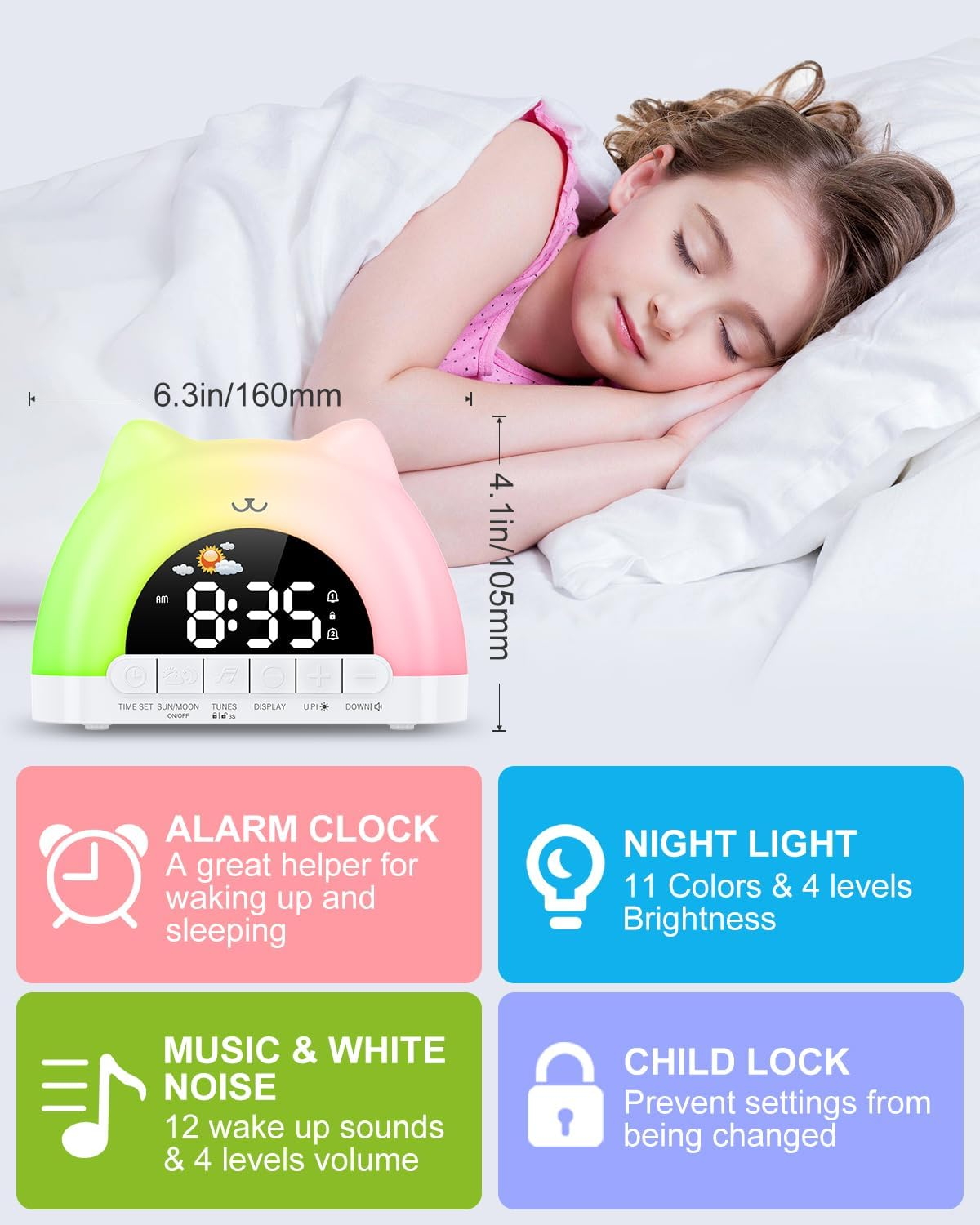 OQIMAX Kids Alarm Clock Cat Alarm Clock Bedside with 11 RGB Color Night Light Toddler Sleep Training Digital Clocks with 10 Alarm Sounds 5 Brightness Adjustment Plug-In OK to Wake Clock for Boys Girls image number 1
