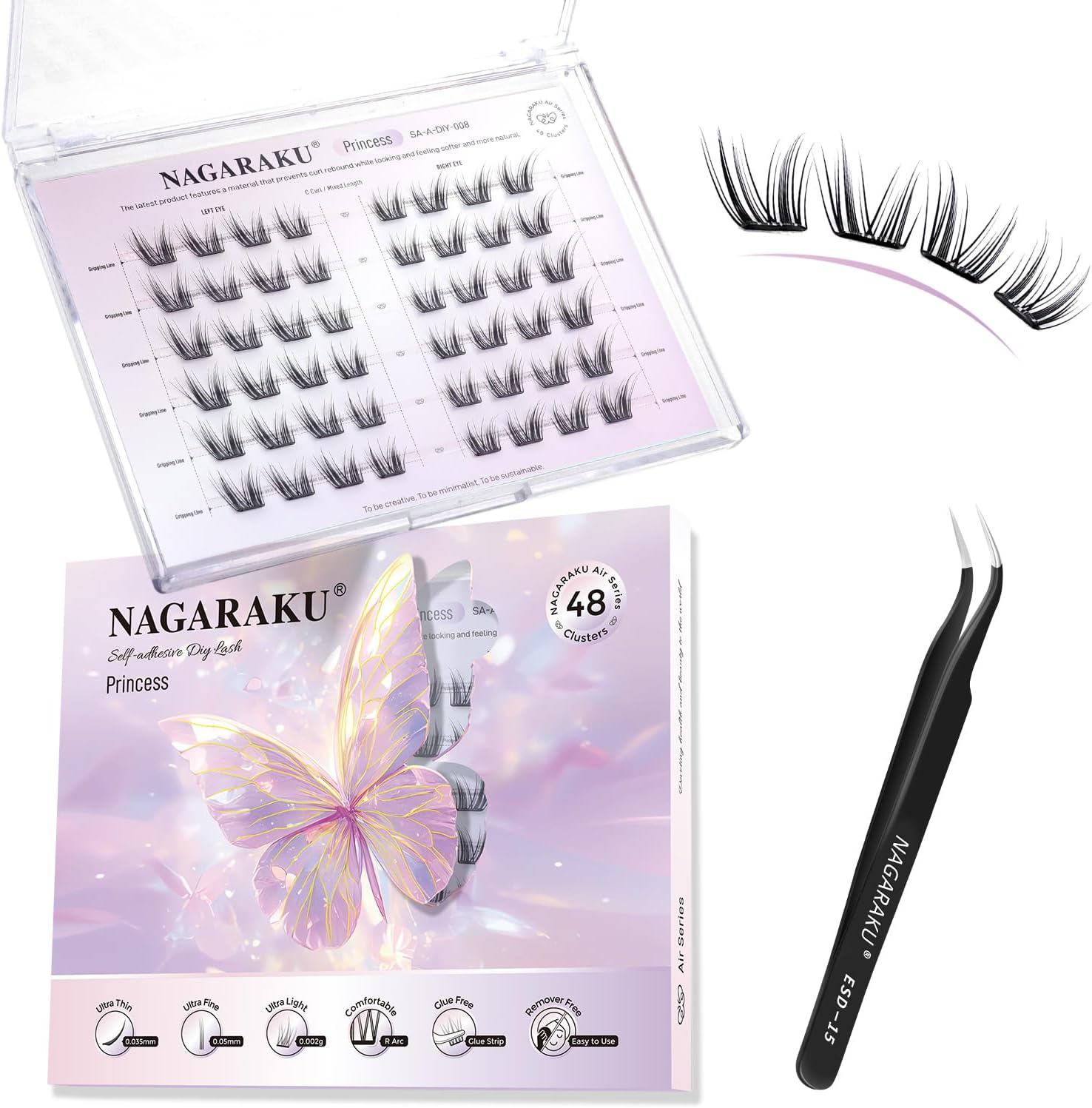 NAGARAKU Pre Glued Cluster Lashes Air Series Eyelashes Princess Style 48 Pcs No Glue Needed Pre-Bond Eyelashes Self Adhesive DIY Lashes（0.07Mm C Curl Mix Length) image number 3