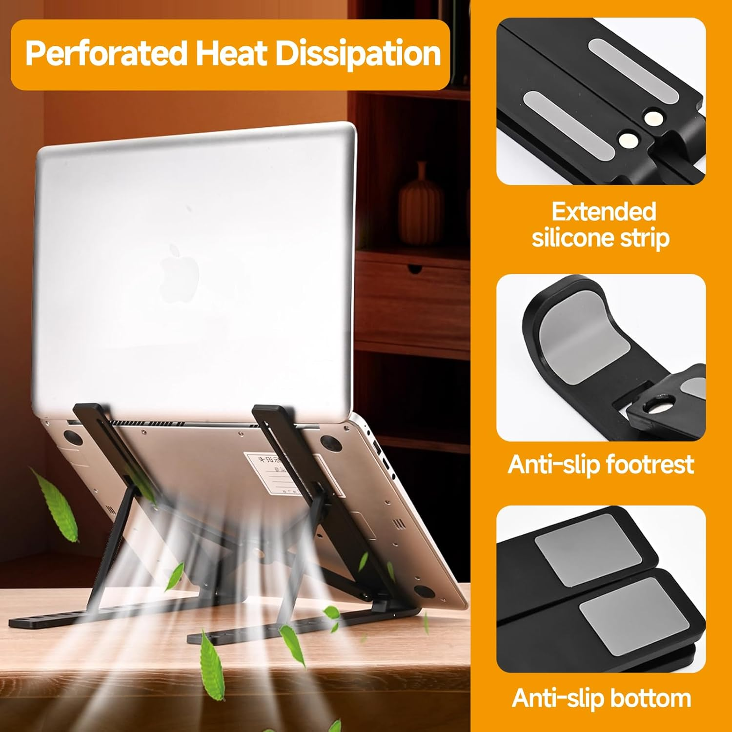 Ergonomic Adjustable Laptop Stand, Portable Laptop Riser for Desk, Foldable Plastic Computer Stand Compatible with Macbook & 10-17" Laptops, Essential Computer Accessories (Black)