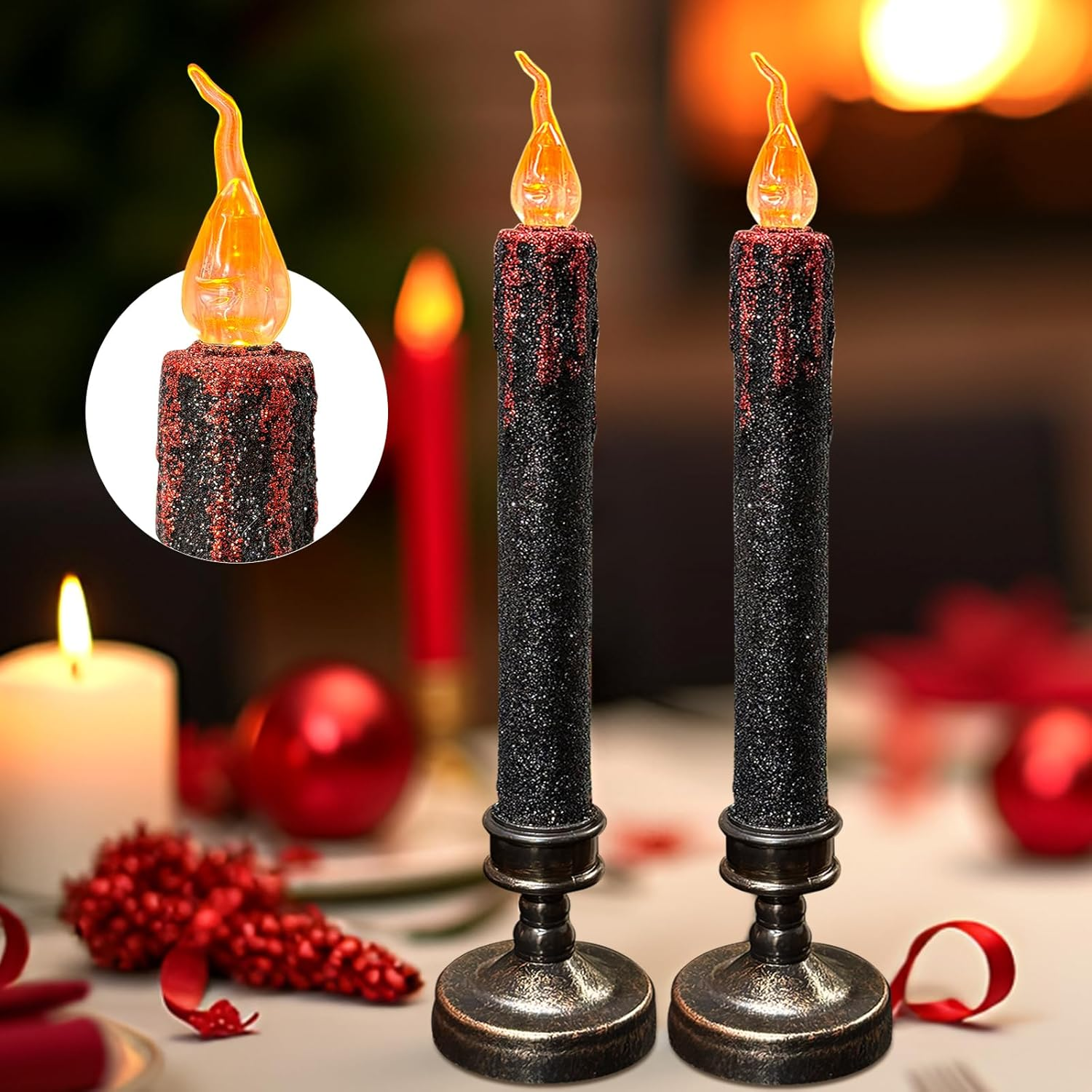 TINYOUTH 2 X 21 Cm Large LED Candles for Halloween, Christmas, Black Glitter Table Candles, Light Batteries Included for Wedding Party, Anniversary, Engagement Decoration