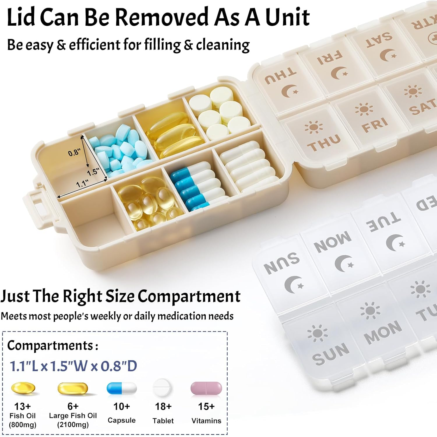 Foldable & Portable Pill Organizer 2 Times a Day with Extra Compartment - Etched Labels - Weekly 7 Day AM PM Medicine Box, Week Daily Travel Pill Case Holder Dispenser for Vitamin, Supplement - Khaki image number 4