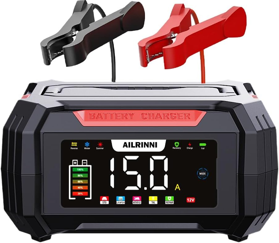 AILRINNI 15-Amp Car Battery Charger, 12V and 24V Smart Car Battery Charger AU Plug,Trickle Charger for Car - Smart Fully-Automatic Battery Maintainer with Temperature Compensation and LCD Display image number 3