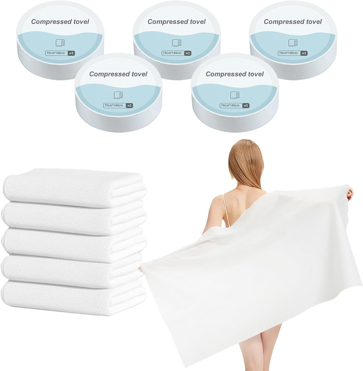 5 Pack Compressed Towel & Reusable Travel Essentials Towels | Large Compressed Towels &ndash; 70X140Cm Ultra-Absorbent for Camping, Swimming & Emergencies image number 2