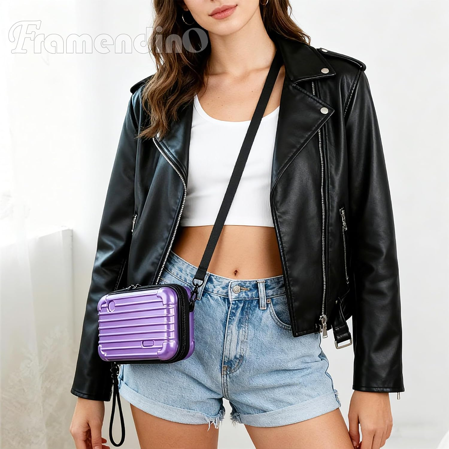 Framendino, Purple Hard Shell Cosmetics Case Carrying Bag for Toiletry Mini Cross Body with Detachable Grip Rope and Shoulder Strap Women - Red image number 3