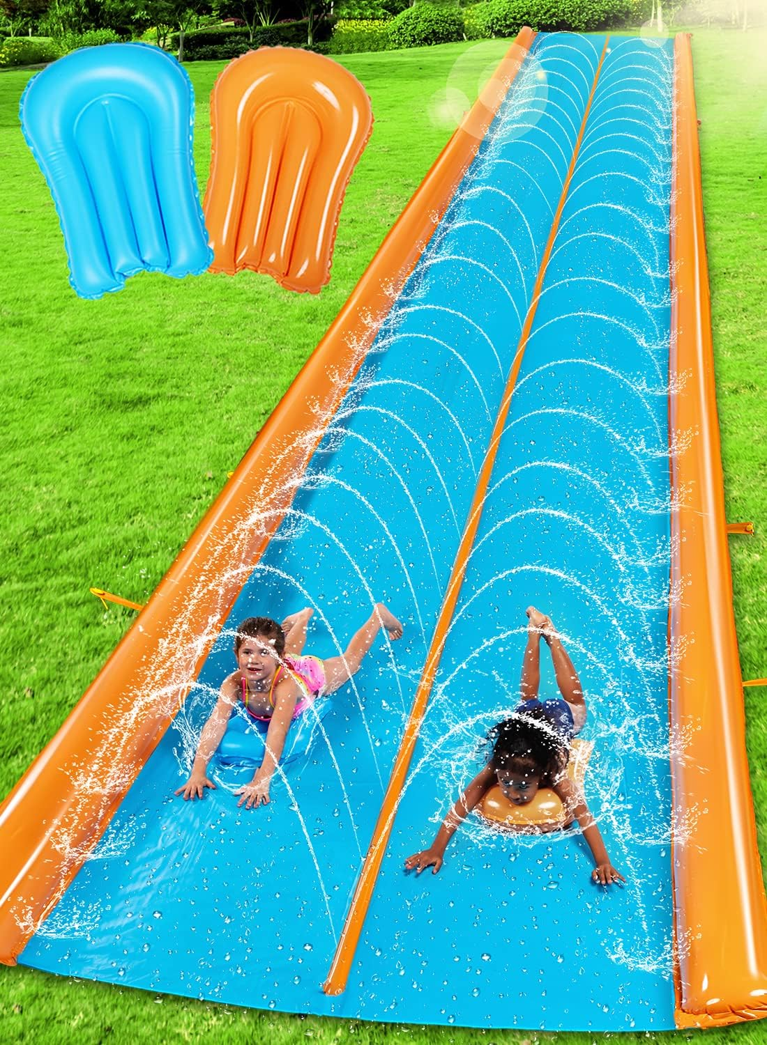 Sloosh Double Lane Water Slide,25Ft X 6Ft Heavy Duty Lawn Water Slip with Sprinkler and 2 Inflatable Boards for Adult Kids Party Summer Yard Outdoor Play Activities image number 1