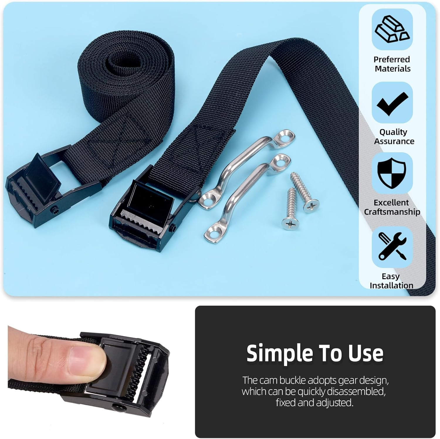 Glarks 14Pcs Battery Tie down Strap Kit - 2.5CM X 1.2M(4Ft) Straps, M5 Cam Buckles, Screws - Hold down Kit for Boats, Luggage Belt image number 6