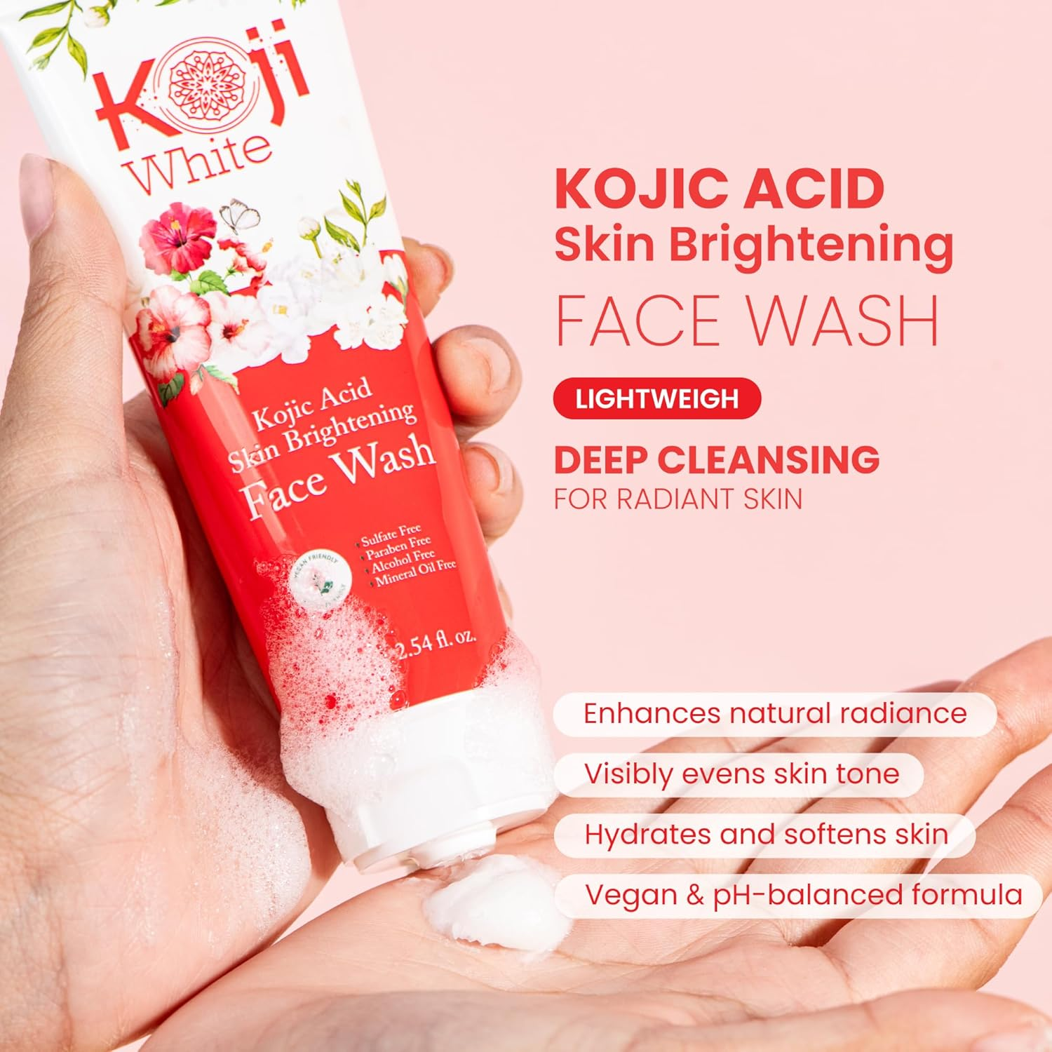 Koji White Kojic Acid Skin Brightening Face Wash for Exfoliating Face, Hydrating Face Moisturizer, Vegan Face Wash, Even Skin Tone with Vitamin C, Flower Extracts, Vitamin E, 2.54 Fl Oz image number 2