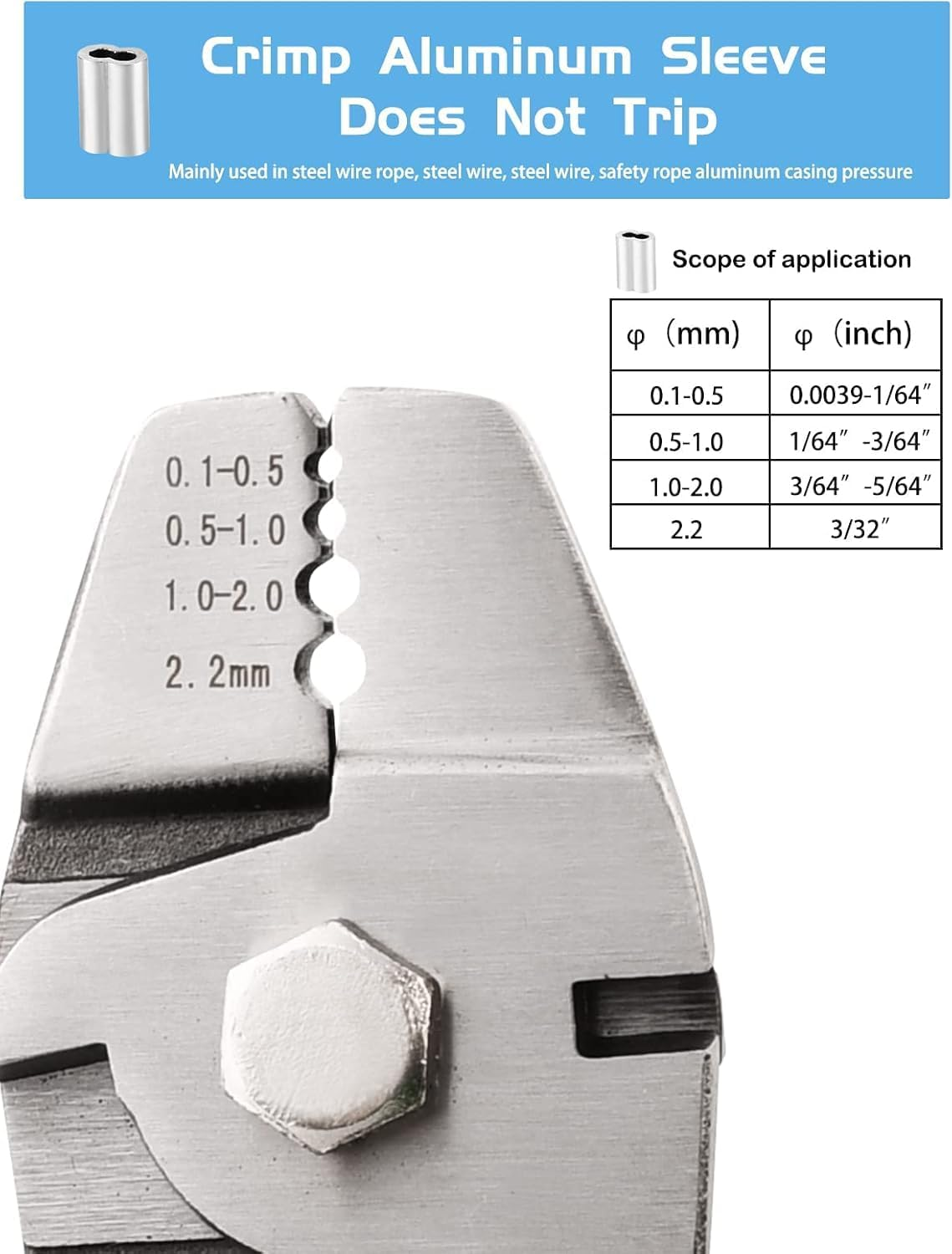 Wire Rope Crimping Tool Kit, Wire Rope Swager Crimper up to 2.2Mm with Aluminum Double Barrel Ferrule Crimping Loop Sleeves, Stainless Steel Thimbles and Cable Cutter for Cable Crimping image number 5