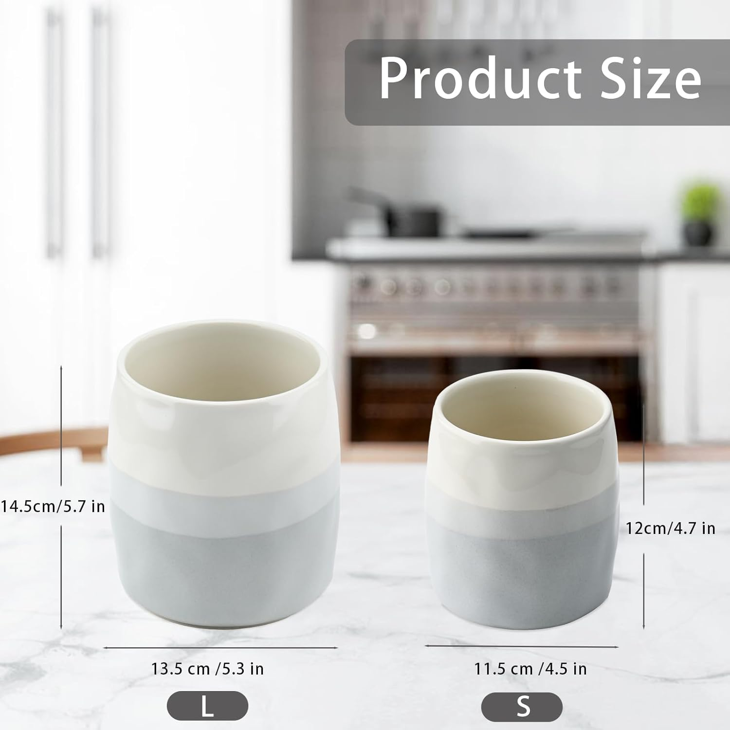 Yohyien Ceramic Kitchen Utensil Holder, Cooking Utensils Pot for Countertop Organisation, Cutlery Storage Jar for Spoons, Spatulas, Tableware, Cream and Grey Layered Design (S) image number 6