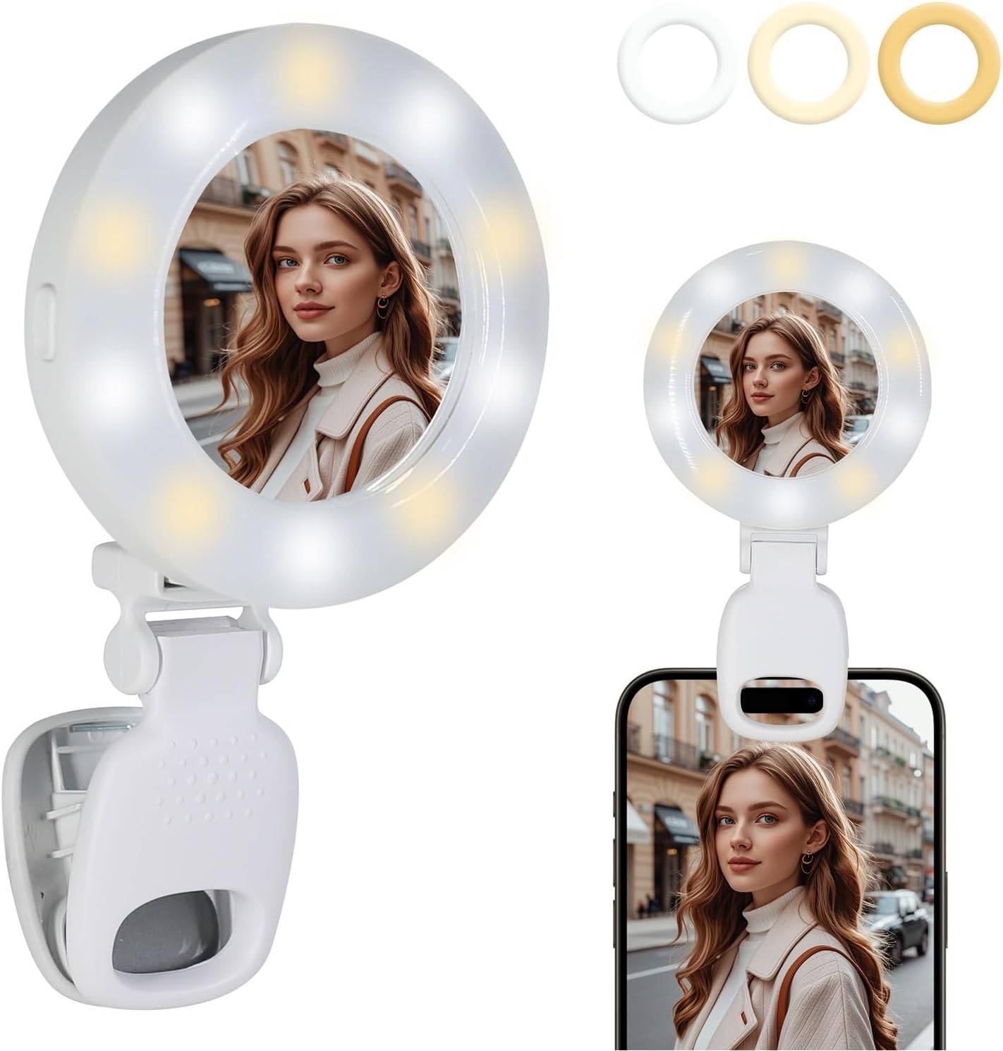 ENUOLI Portable Fill Light - 3 Colors & 9 Dimming Levels, Rechargeable Cell Phone Selfie Lights, Rechargeable Clip-On Selfie Lights for Makeup/Photography, Clip on Phone/Laptop/Camera