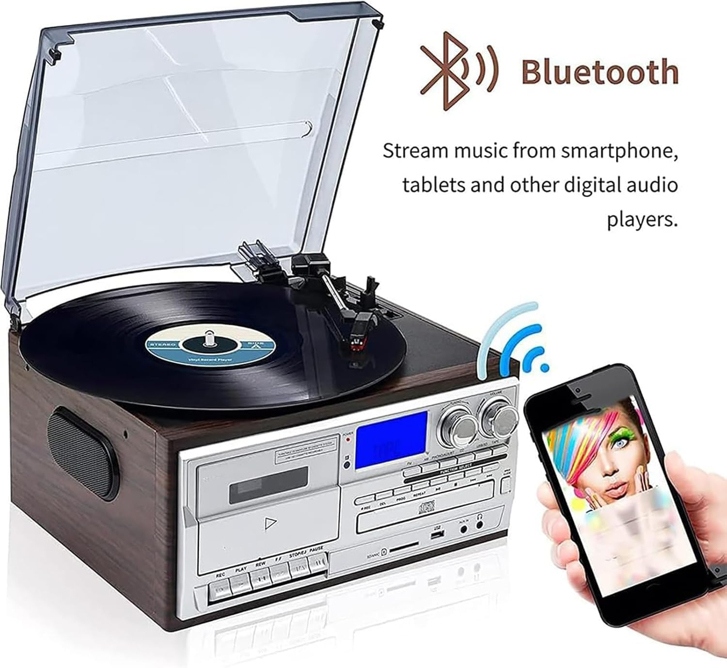 Vinyl Record Player, Cassette Tape Player with 3 Speed Bluetooth Vintage Turntable, Less Noise, Frosted Dust Cover, Built in Speakers, FM Radio, USB, CD Player Boombox, Music Centre image number 6