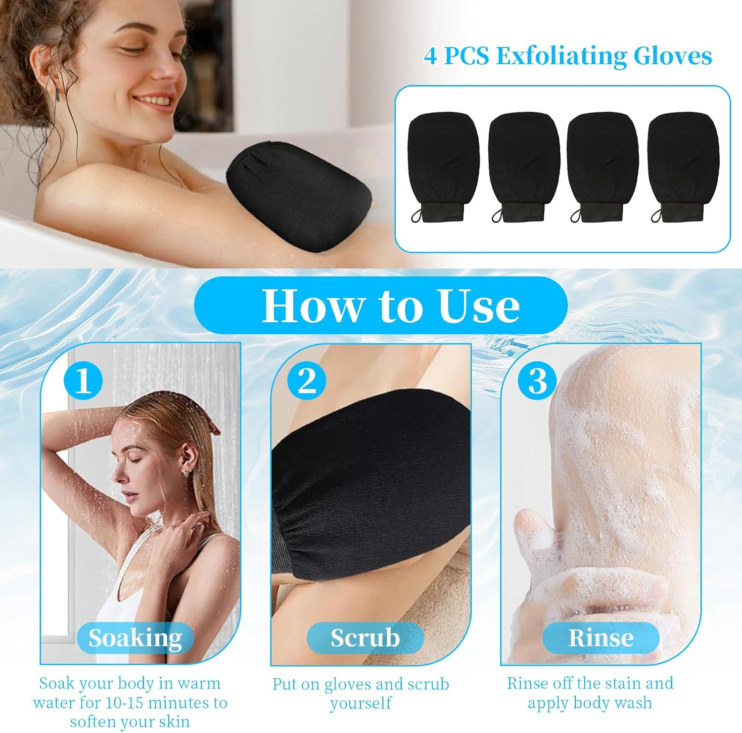 4 PCS Exfoliating Gloves, Bath Glove for Deep Cleansing Body, Dual-Sided Exfoliating Gloves for Effective Dead Skin Removal, Suitable for All Skin Daily Skincare, Clean Pores, Unisex (Black, 15X21Cm) image number 2