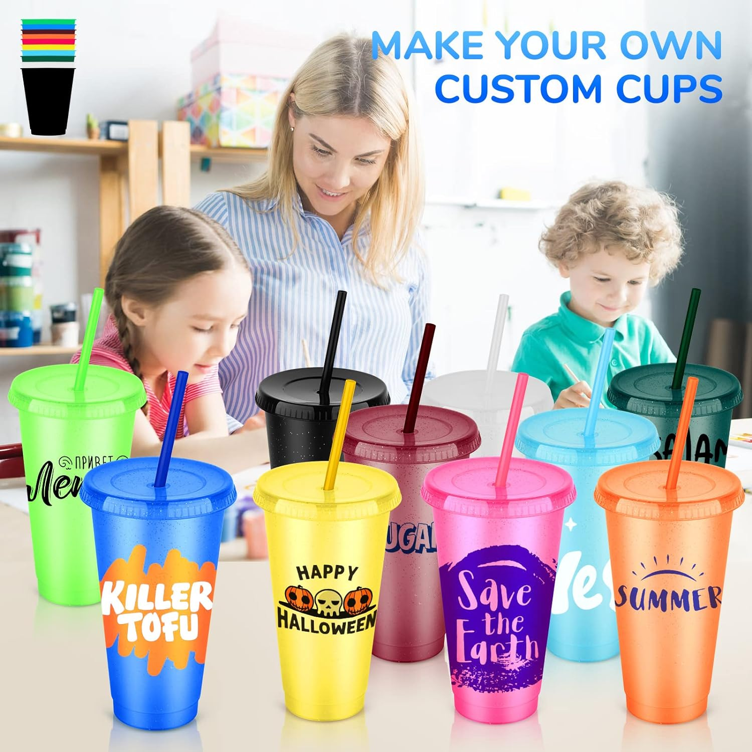 24Oz Reusable Plastic Cups with Straws & Lids:10 Pack Cold Iced Coffee Drinking Cup Colorful Straw Tumblers Bulk - Cute Durable Travel Party Cup for Adults image number 1