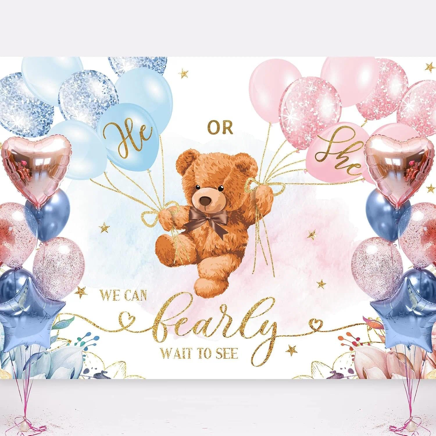 Bear Gender Reveal Backdrop Decorations for Baby Shower Party Photography Background with Floral Pattern and Gold Foil Confetti - Auroly image number 1
