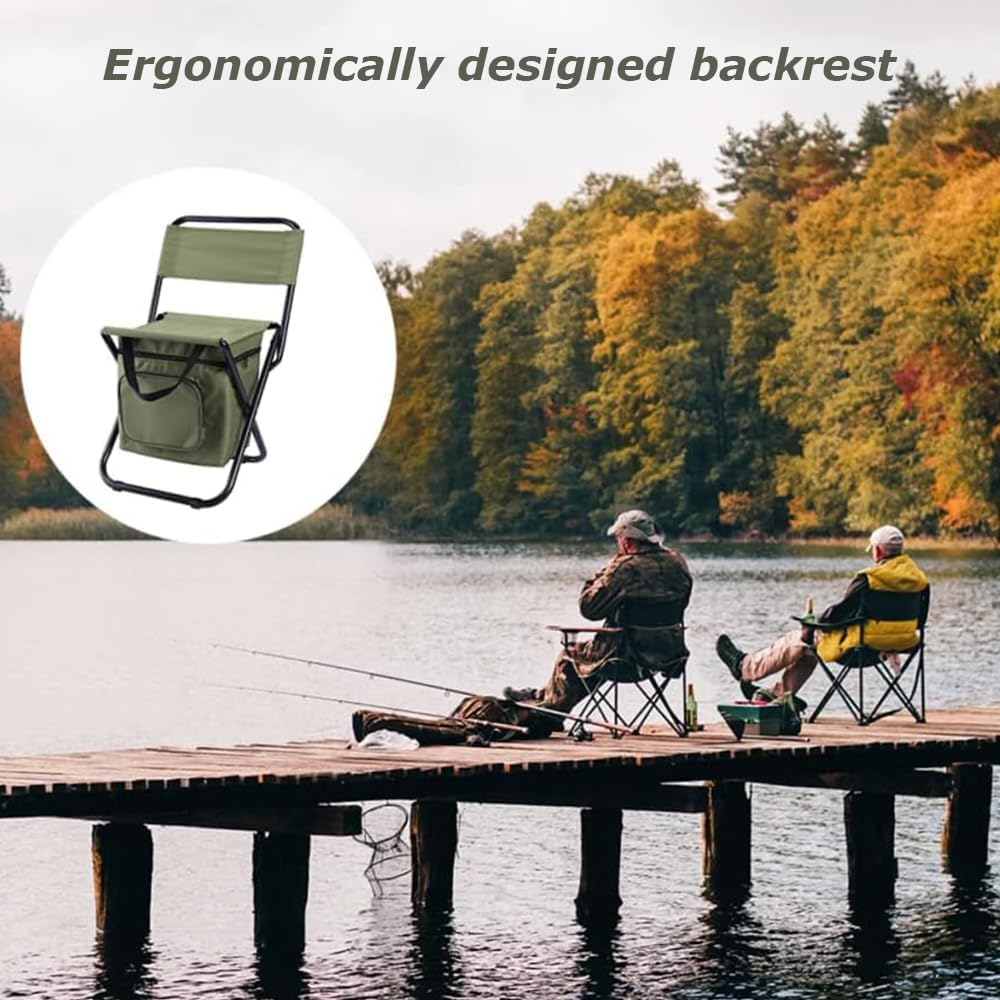 Camping Fishing Stool, Outdoor Folding Chair, Hiking Portable Seat, Chair with Cooler Insulated Picnic Bag, Stool for Camping Hunting Fishing (Green, 32 * 31 * 58CM) image number 1