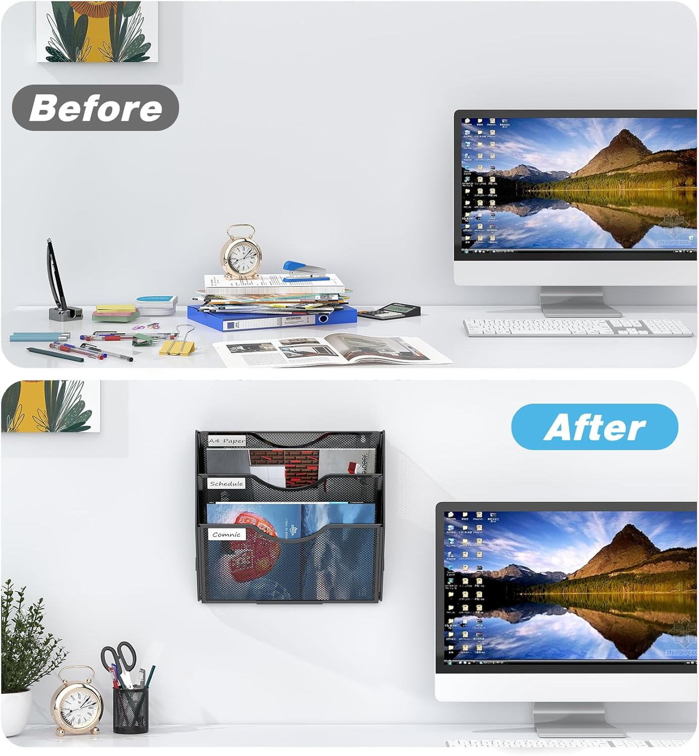 Solinxe Wall Hanging File Holder 3 Tier Wall Mounted Paper Organizer Magazine File Holder Storage Organizer, Black image number 5