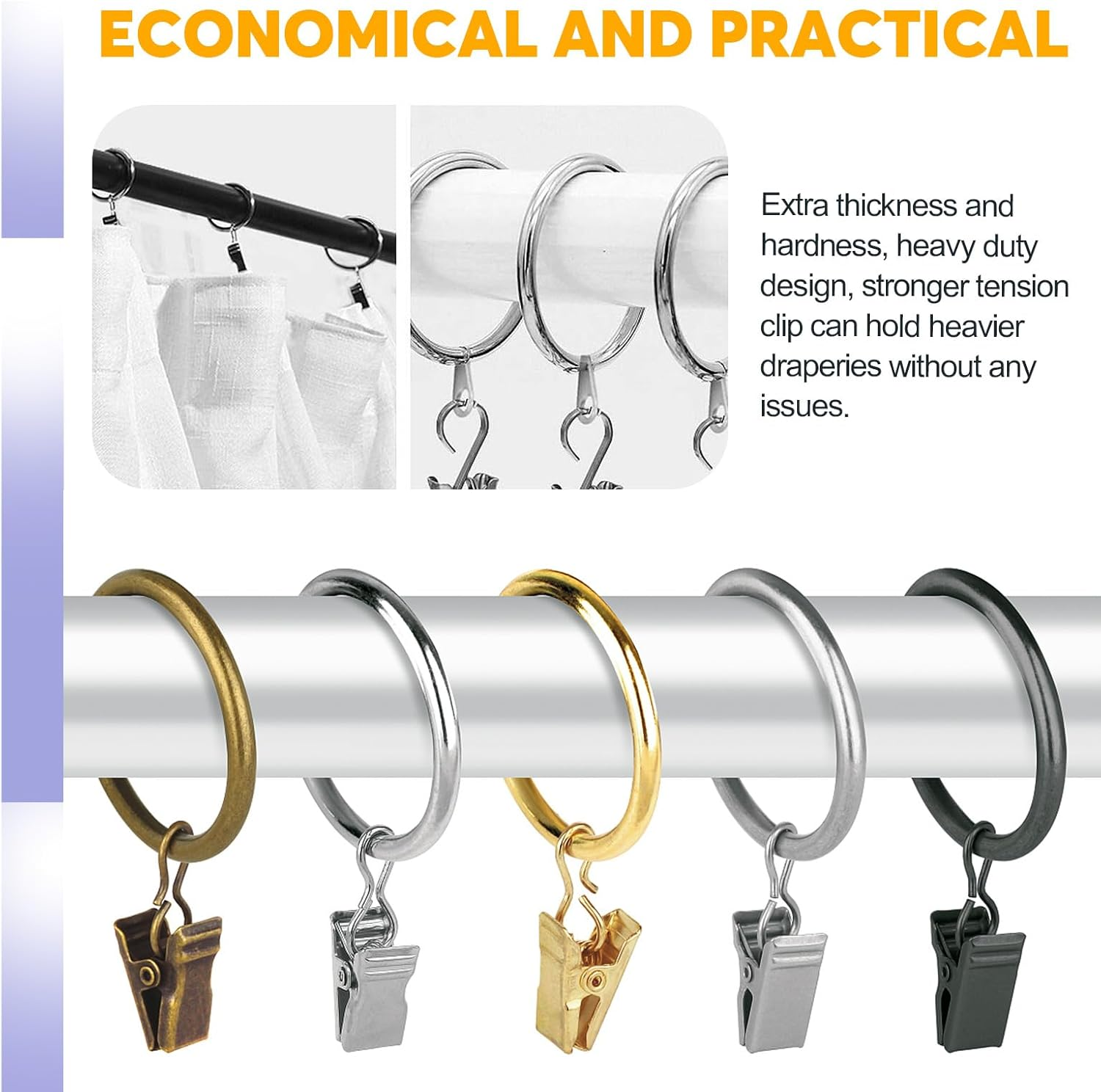 Swpeet 40 Pack Silver Curtain Rings with Clips, Curtain Clip Rings Hooks, Bow Hanger Clips, Hangers Drapes Rings for Hanging Drapery Drapes Bows, Ring 1.38" Interior Diameter, Fits up to 1" Rod - Silver image number 6