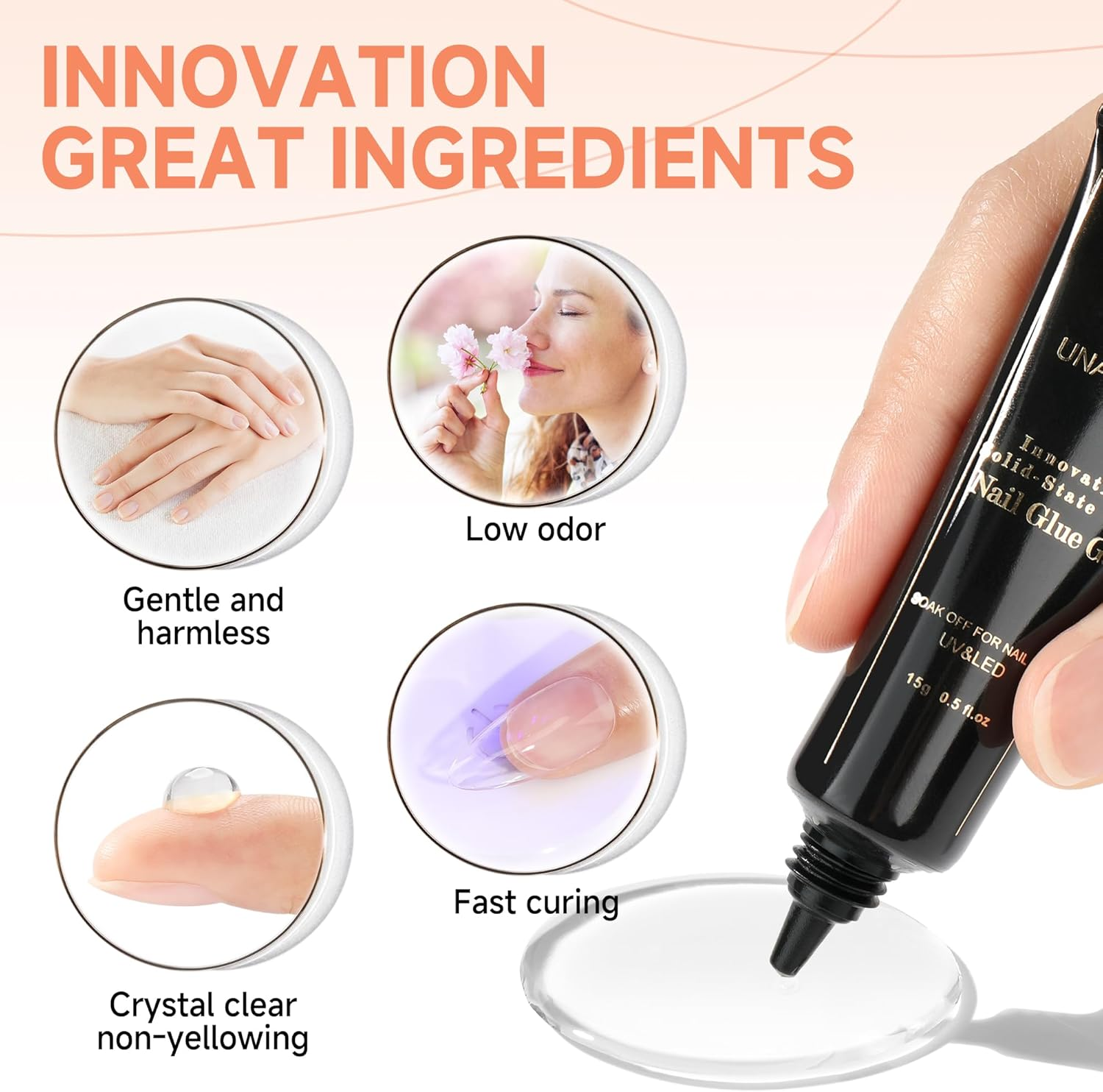 UNA GELLA Soft Gel Nail Tips Glue | 2Pcs | Solid State Soak off Super Strong Glue for Acrylic Nails Curing Needed for Nail Extensions Press on Nails 15Ml*2 for Gel Jelly Tips image number 3