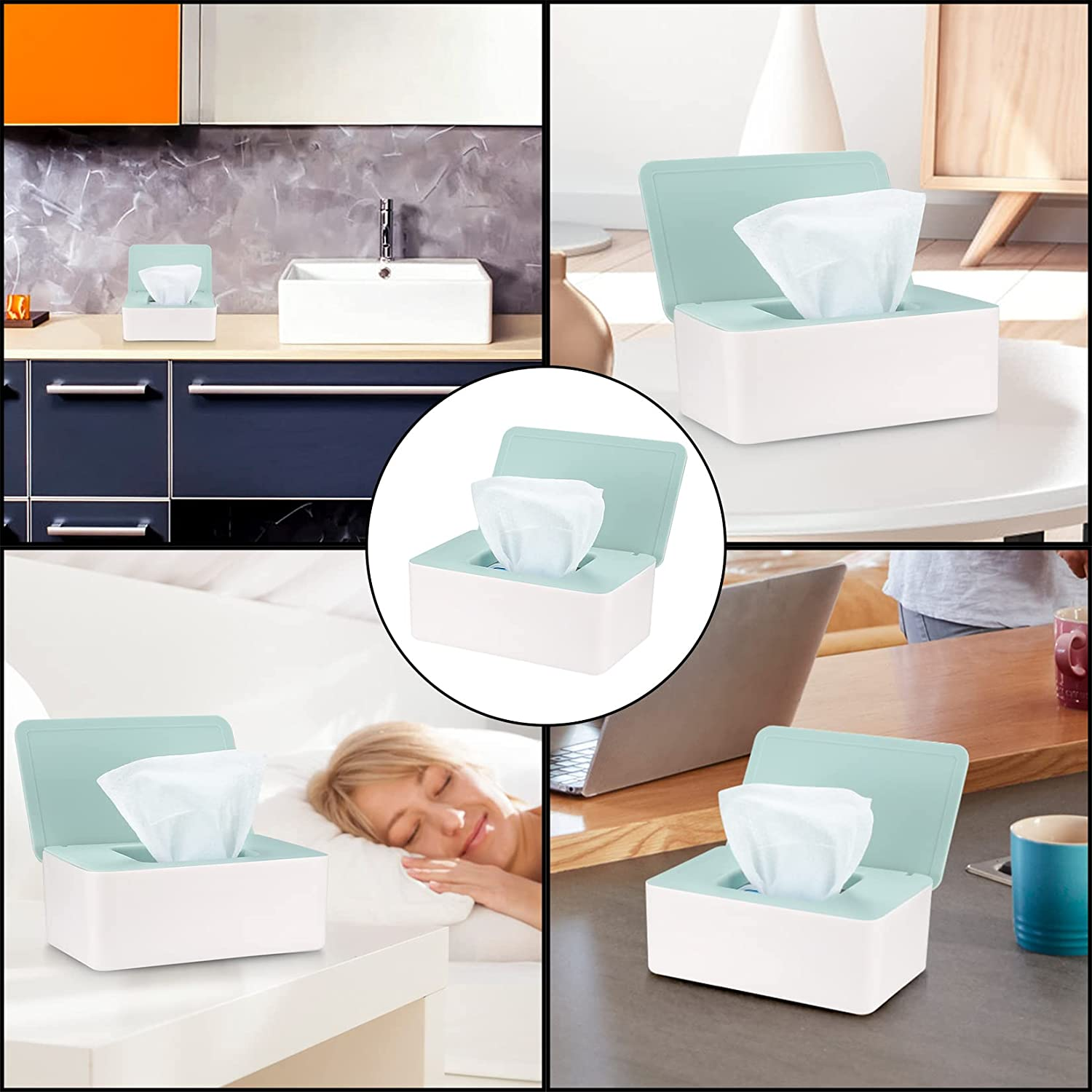 Wet Wipes Storage Box, Wet Wipes Box, Wipes Dispenser Holder Case Boxes, Toilet Tissue Paper Napkin Container Box with Lid for Home Office Desk - Green - Green-2 image number 6