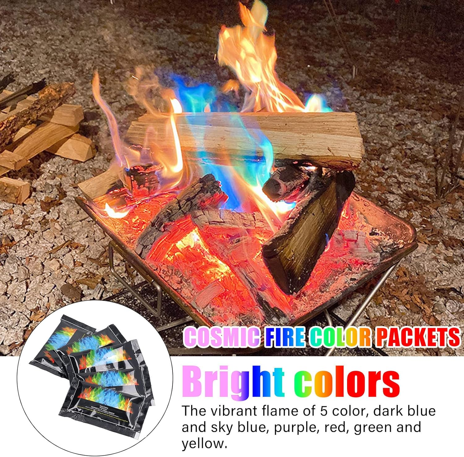 5PACS Color Changing Packets,Changing Flames for Campfire Bonfire Outdoor Fireplaces, Mystical Rainbow Flames, 30-35 Minutes Duration image number 2
