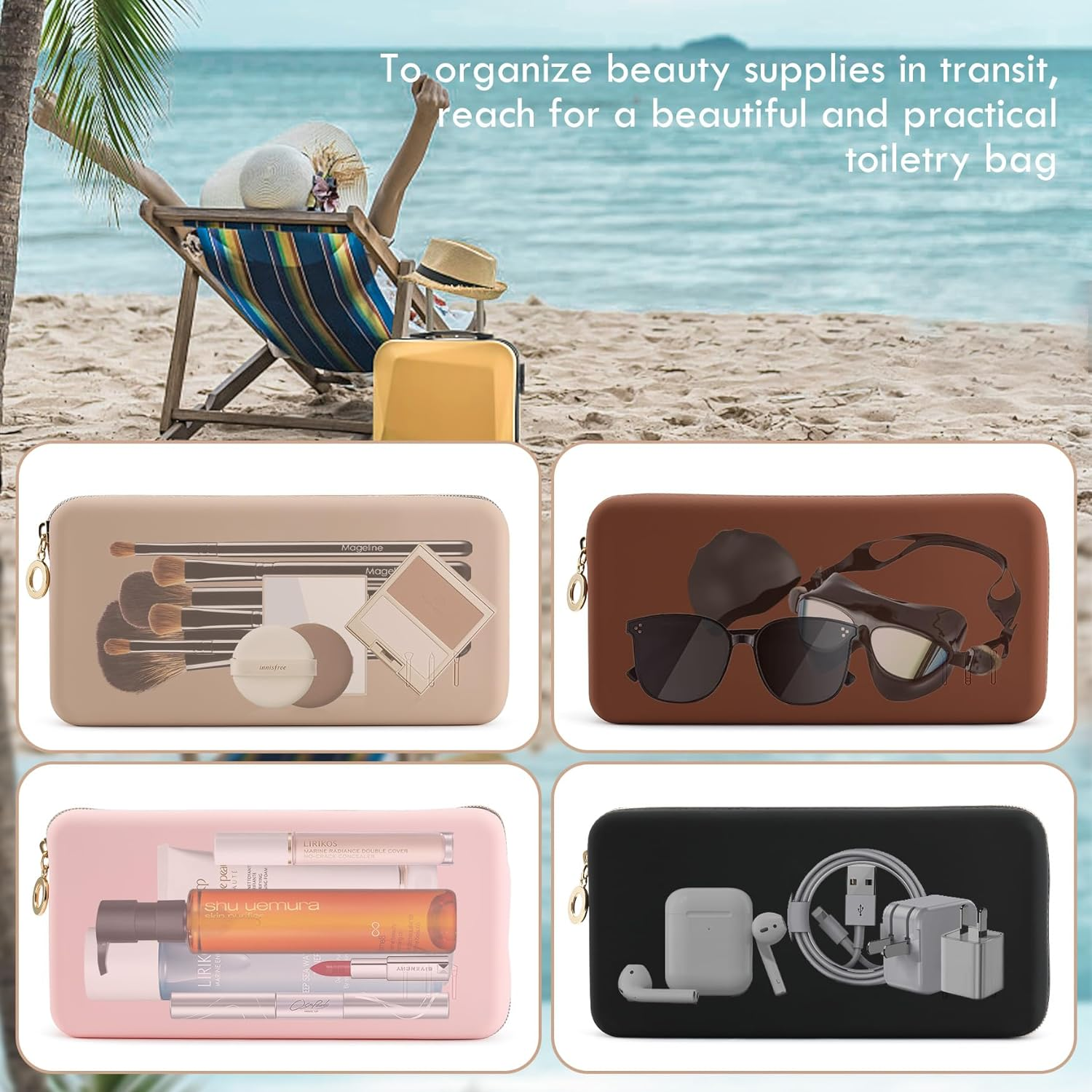 FVION Zipper Makeup Brushes Bag for Travel, Large Silicone Makeup Brush Holder, Make up Brushes Pouch Case for Makeup Tools - Khaki