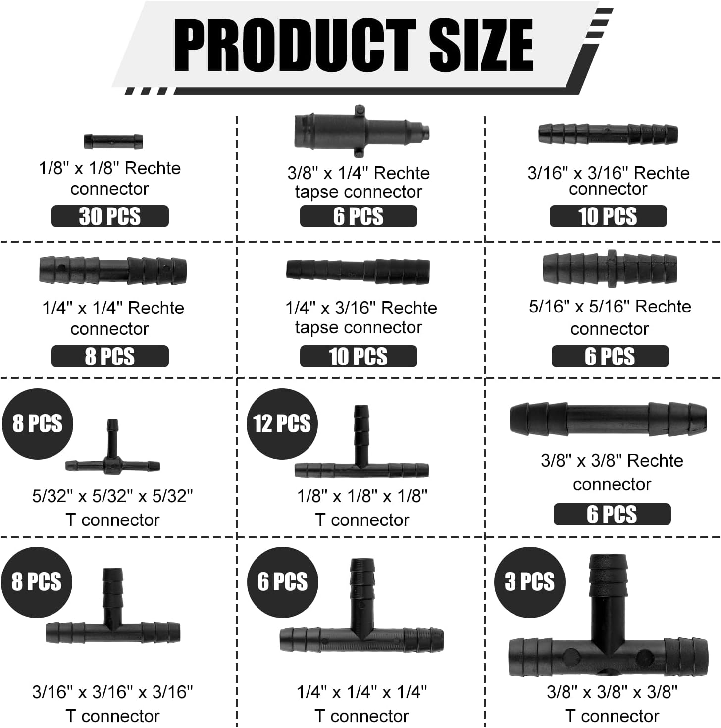 113Pcs Vacuum Connector Assortment, Automotive Vacuum Tubing Connector Vacuum Hose Connector Tee/Straight/Reducer Vacuum Line Connectors Vacuum Fittings (12 Sizes) image number 3