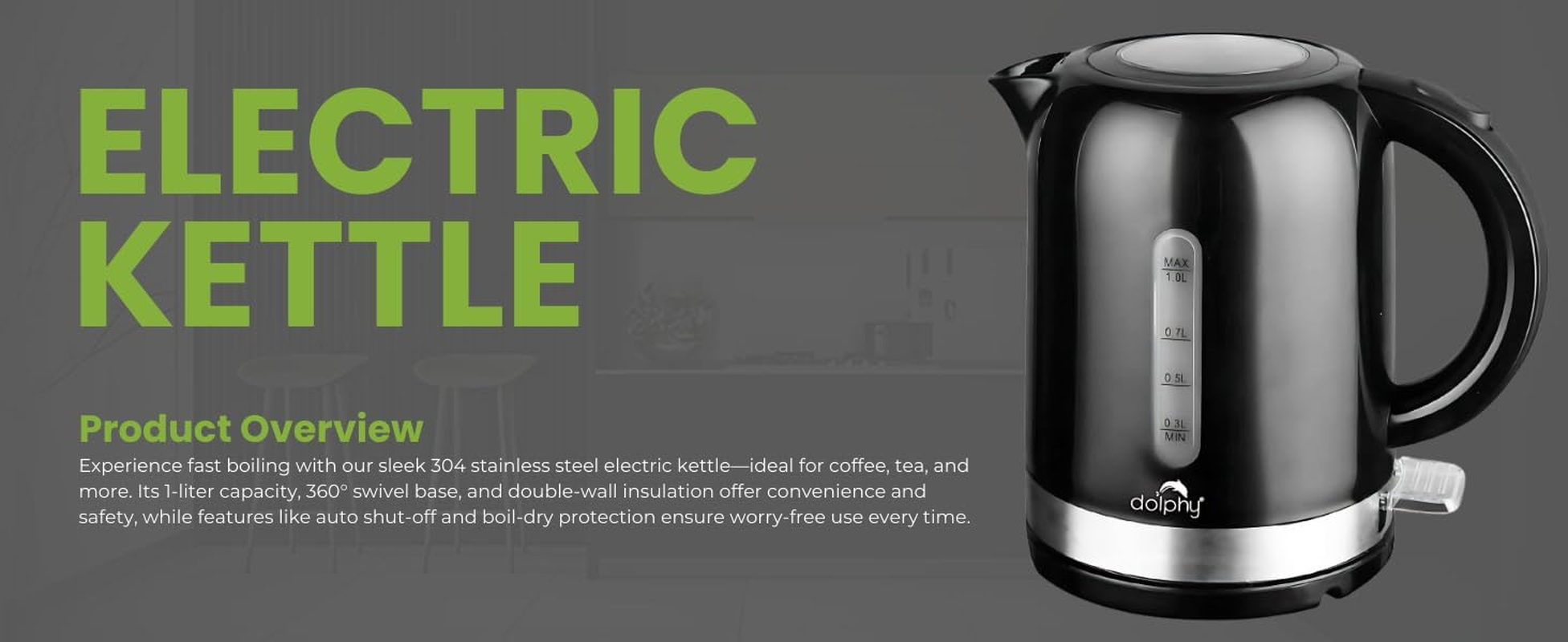 Dolphy 1L Electric Kettle &ndash; Black, High-Grade ABS Body, 1350&ndash;1500W Fast Boil, 360&deg; Concealed Heating, Compact & Durable for Home, Hotel, Motel, Office & Travel Use image number 6