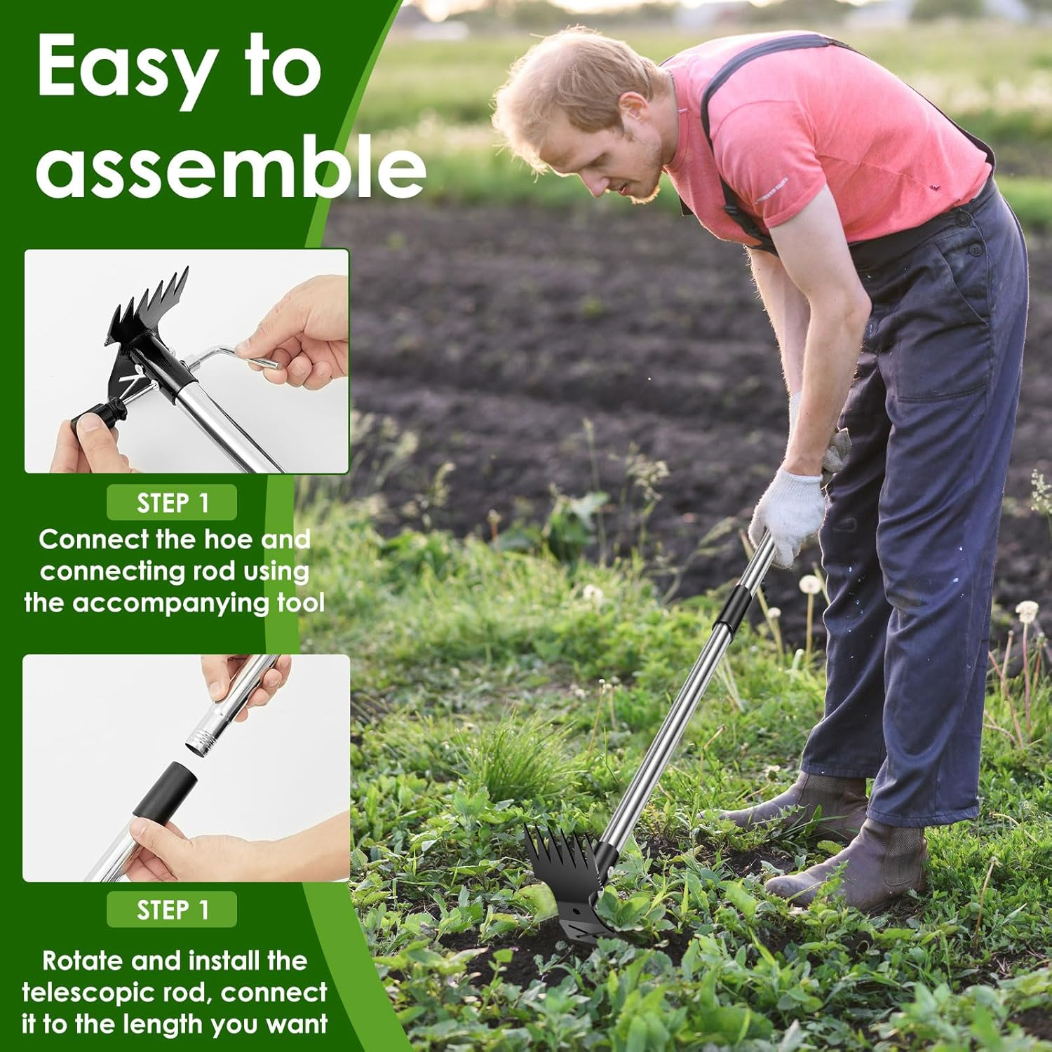 Stainless Steel Weed Removal Tool, Adjustable Length Weed Crack Remover, Upgrade Garden Weeder Tools, Double Head Weeding Puller Tool, Efficient for Vegetable Gardens Backyards