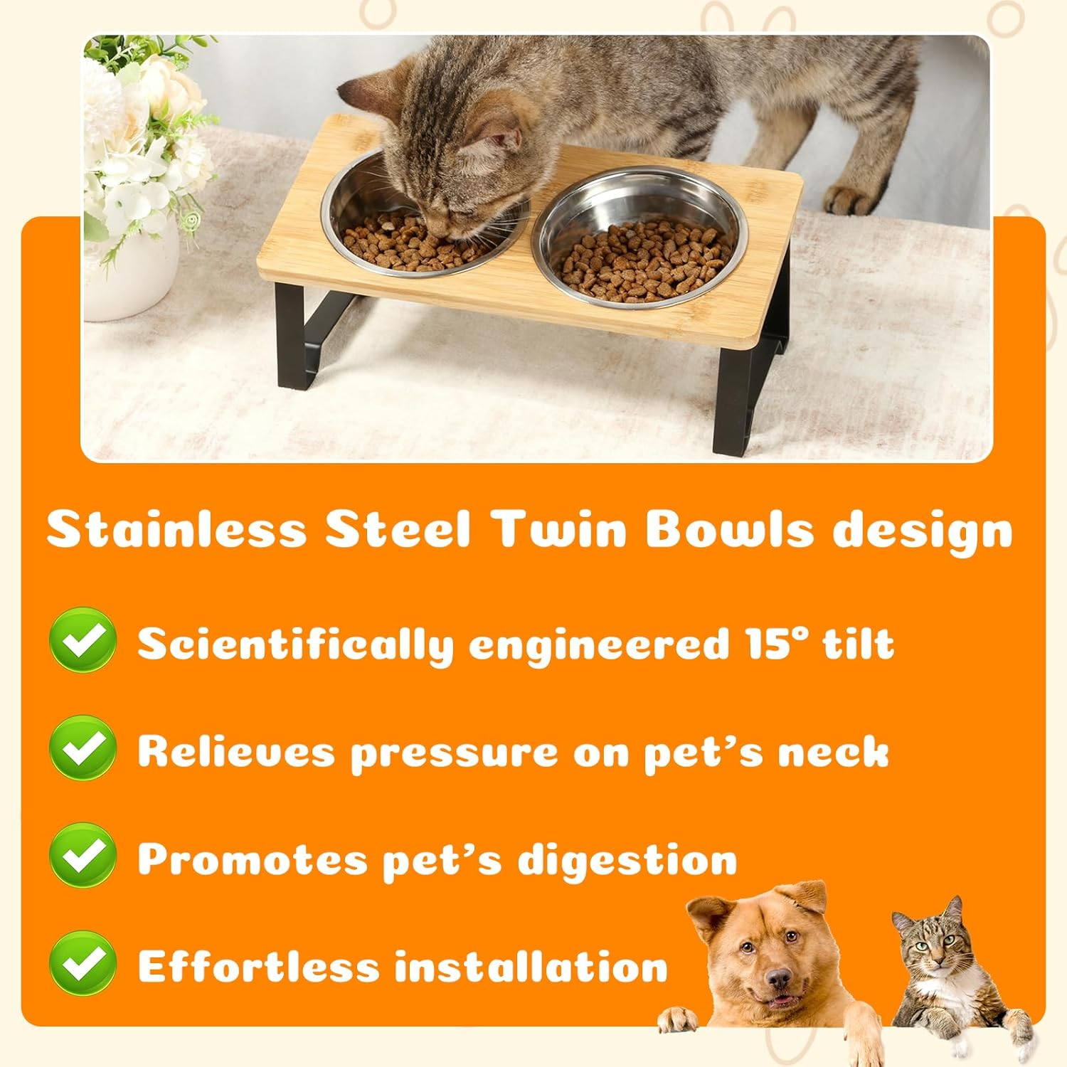 Elevated Cat Bowls, Raised Pet Stand with 2 Stainless Steel Bowls and Nonslip Mats, 15&deg;Tilted Stand anti Vomiting Raised Cat Dishes for Food and Water for Cats and Puppy (Style 2) image number 1