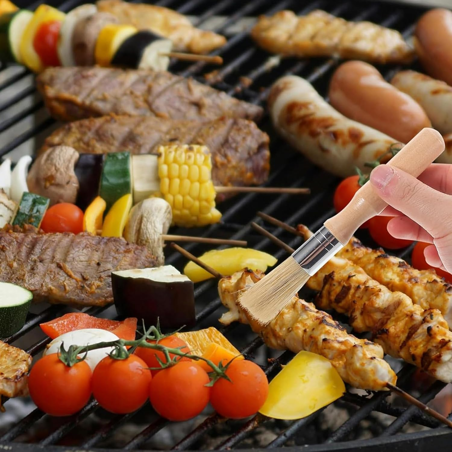 2 Pcs Natural Bristle round Pastry Brush, Wooden Handle BBQ Oil Brush for Cooking, Grilling, Baking, Multifunctional Kitchen Bristle Brush image number 5