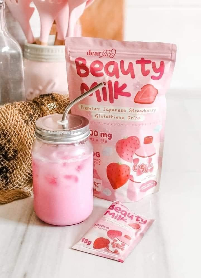 DEAR FACE Beauty Milk Japanese Collagen Strawberry Drink - 50,000Mg Hydrolyzed Collagen, 10 X 18G Sachets (Pack of 1) image number 1