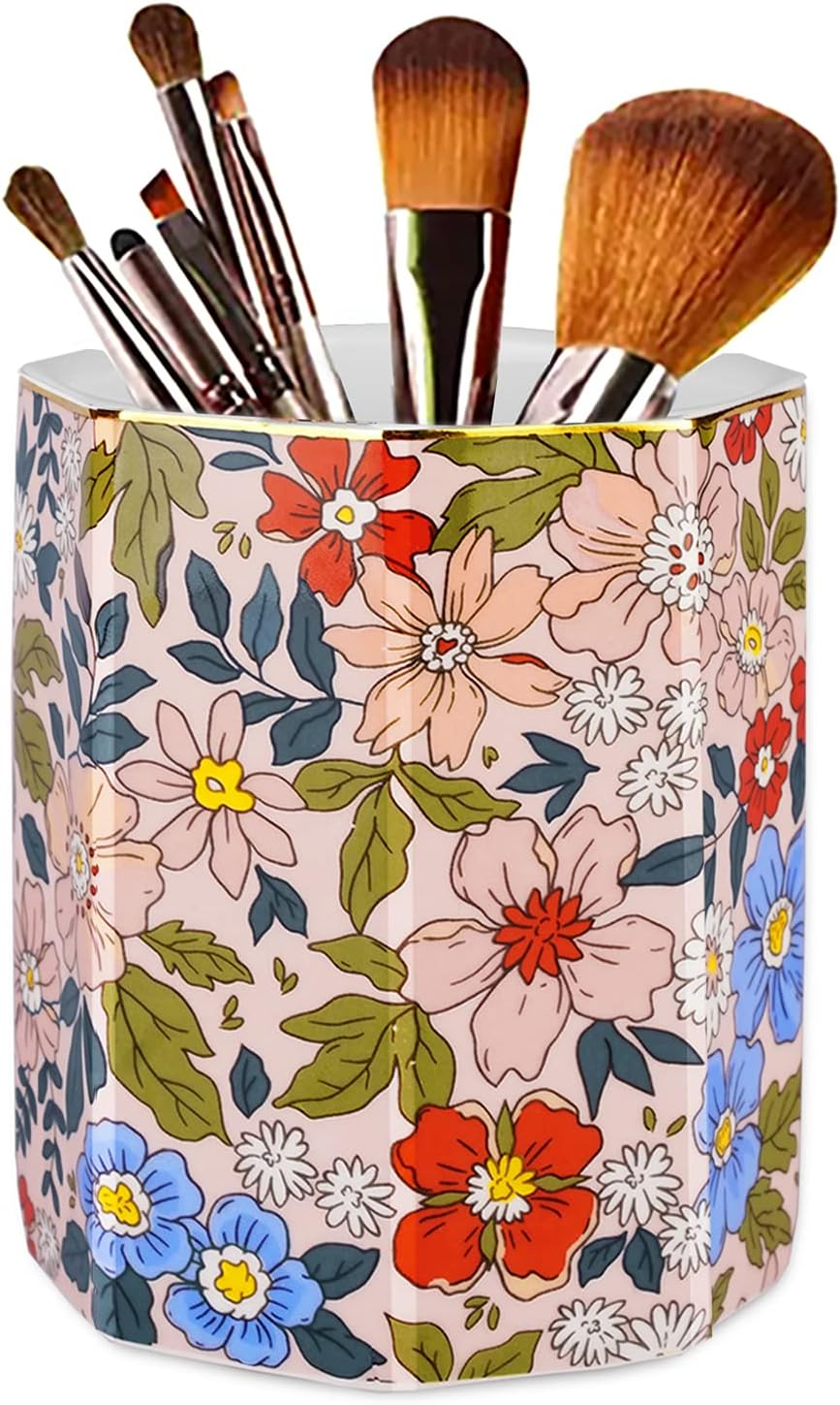 Jwest Pen Holder, Ceramic Shiny Gold Graphic Butterfly Pattern Pencil Cup for Girls Kids Women Durable Stand Desk Organizer Makeup Brush Holder Gift for Office, Classroom, Home Butterfly