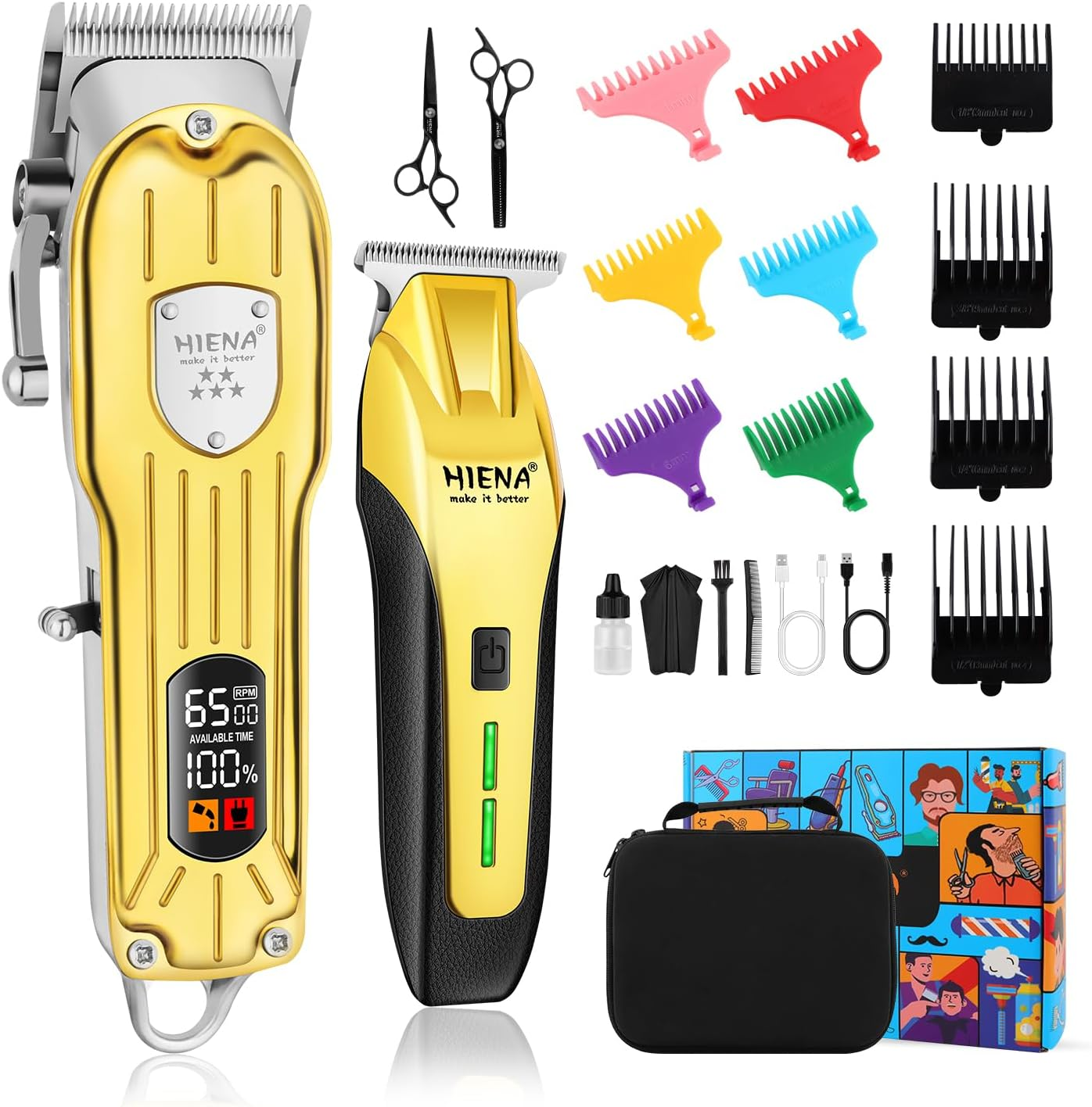 HIENA PRO Professional Hair Trimmer for Men, Hair Trimmer Kit, Beard Trimmer, Battery Hairdresser, Professional Hair Cutting Set, Beard Trimmer, Gold image number 5