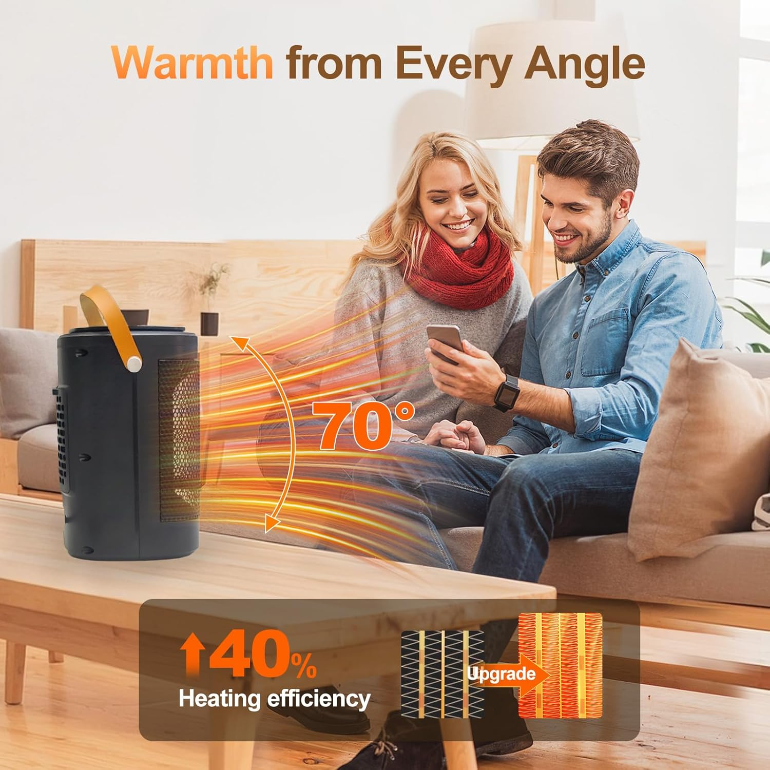 Oolong 1500W Portable Ceramic Heater with Thermostat & Remote, Energy Efficient Electric Heater Fan, 70&deg; Oscillation, 12H Timer Tip-Over & Overheat Protection for Bedroom, Living Room, Home Office image number 2