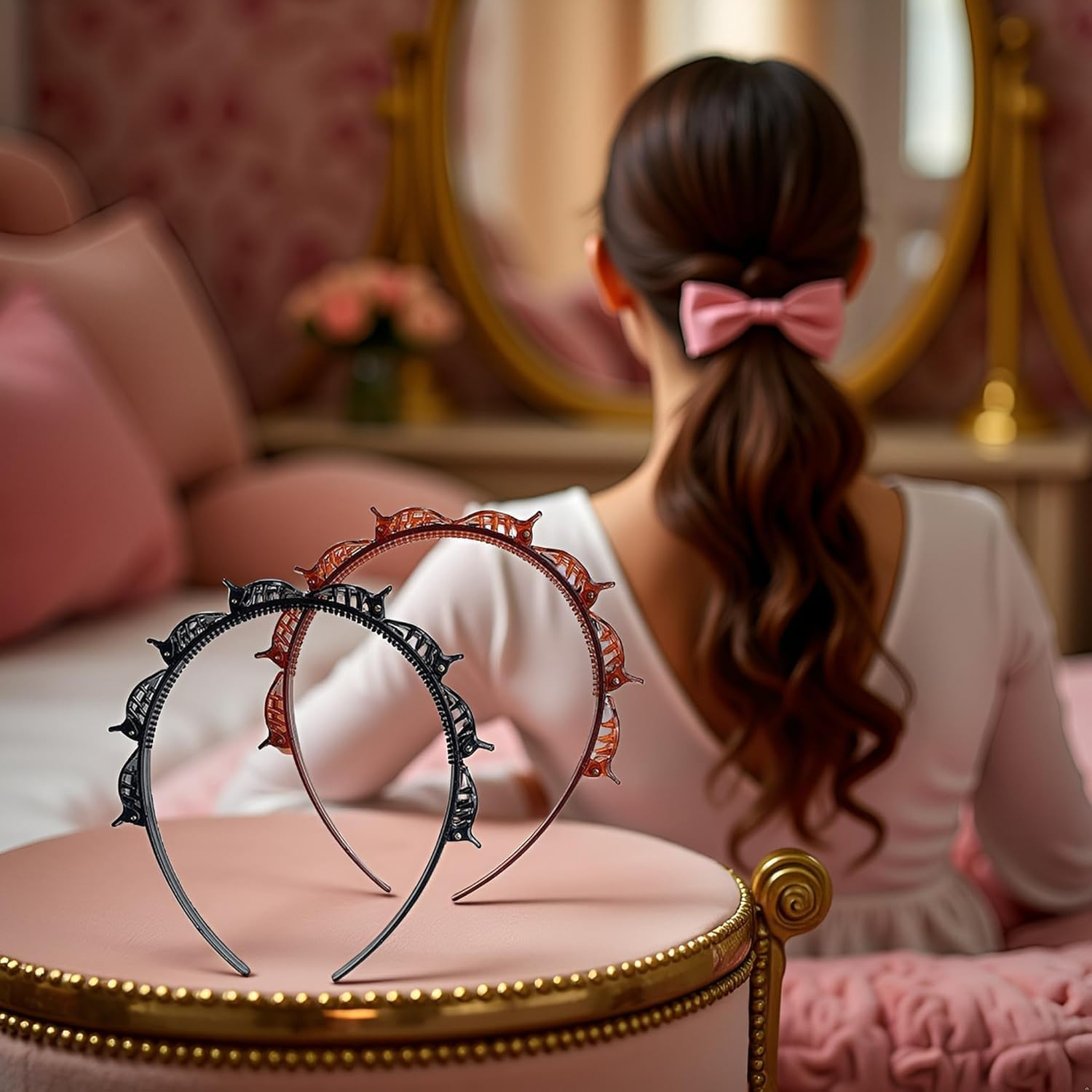 4Pcs Double Bangs Hairstyle Hairpin Headband with 8 Small Clip,Women Double Layer Twist Plait Hair Tools for Curly,Thick Hairs,Toothed Hair Bands Braid Tool Hair Accessories,Black and Reddish Brown image number 5