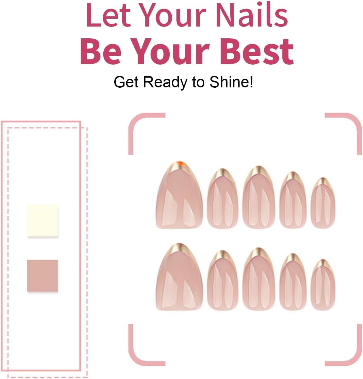 24 Pcs Press on Nails Short Almond Stiletto, Glitter Pink with Gold Tips Fake Nails with Jelly Adhesive Tabs Reusable Nail Art Kit for Women Girls image number 3