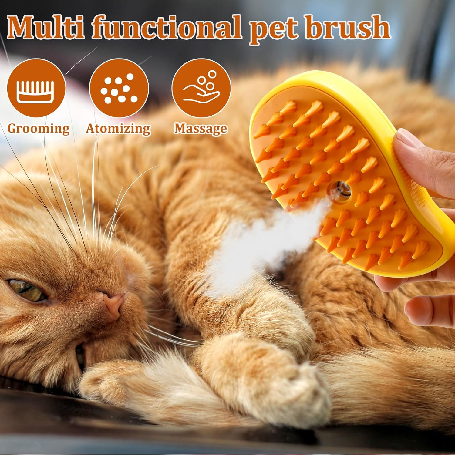 Steamy Cat Brush 3 in 1 Cat Steamy Brush USB Rechargeable Steamy Cat Brush for Shedding Efficient Cat Grooming Brush 4.5&times;2.6&times;2.4 Inch Cat Steam Brush Cat Steam Brush for Removing Tangled Loose Hair (Yellow)