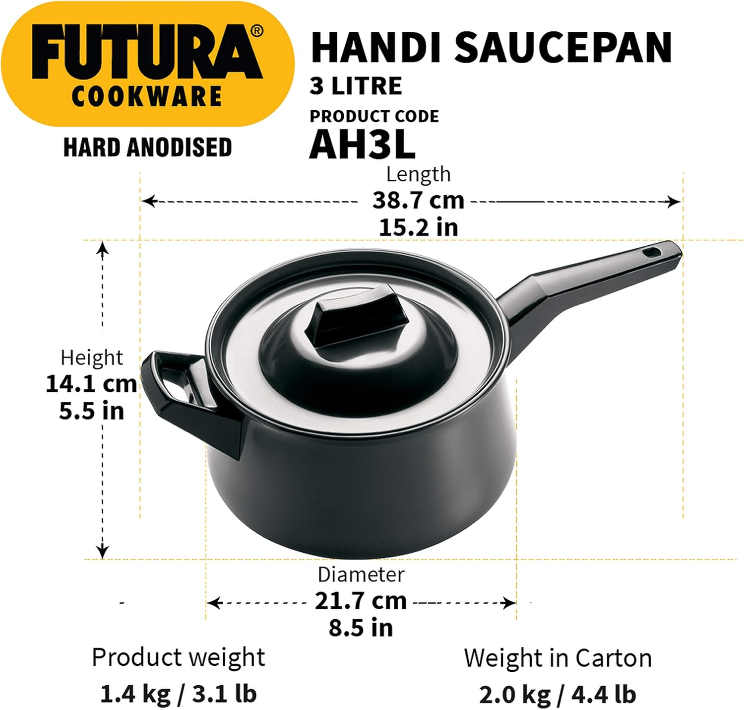 Futura Hard Anodised Handi, 3 Litres. image number 2