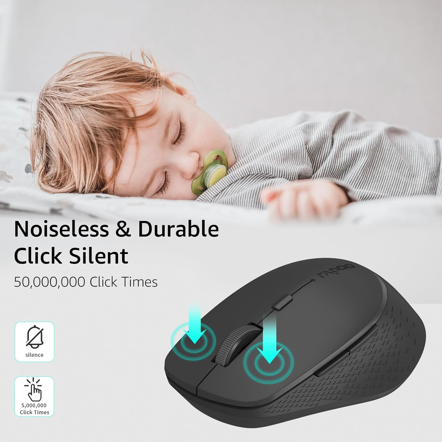 RAPOO M300 Quite Wireless Mouse, Bluetooth Mouse for Laptop 2-In-1(Bluetooth 5.0+2.4Ghz) Computer Mouse, Portable Ergonomic PC Mouse Wireless with USB Receiver, Compatible with Macbook Chromebook - Mate Black image number 2