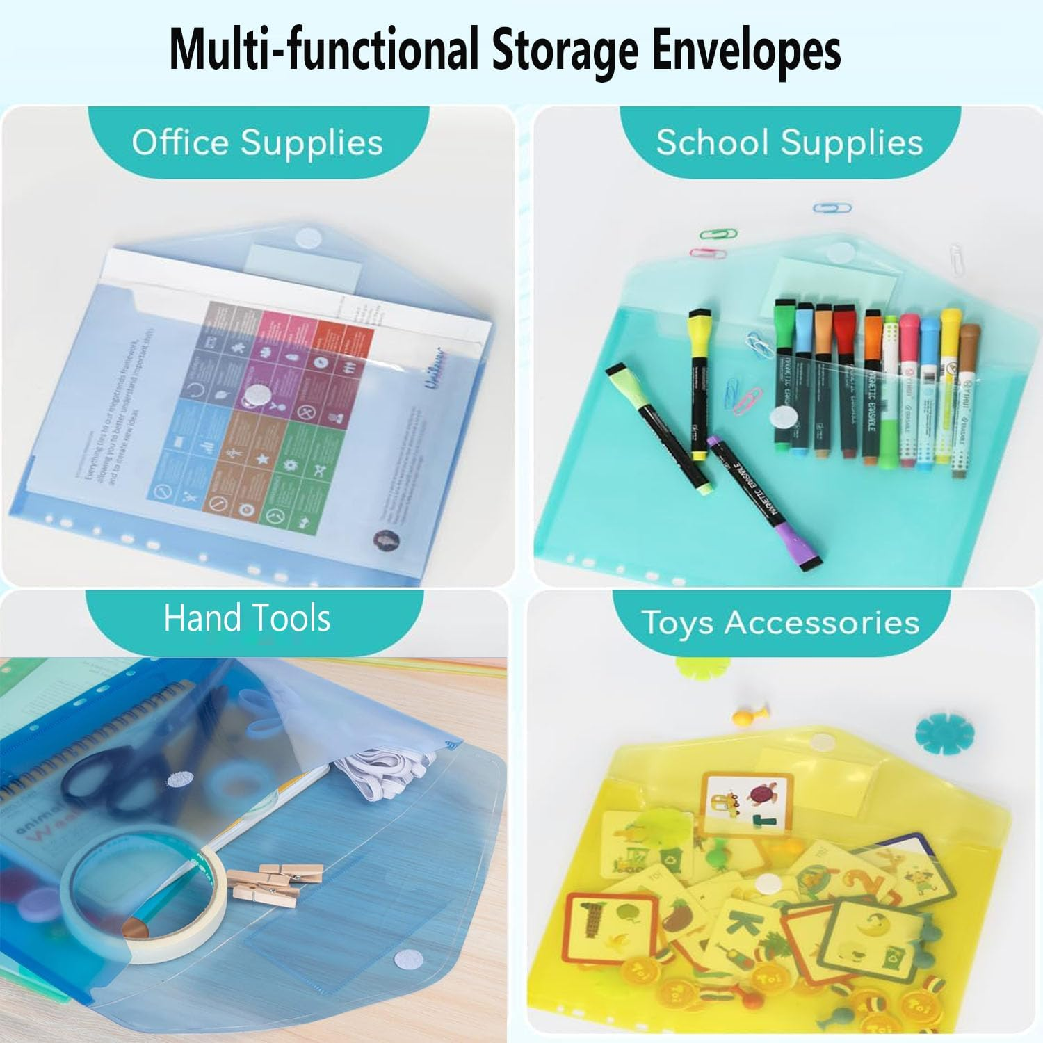 24 Pack 6 Colours File Folder Envelopes with Label Pocket,Envelope Binder Folders with 11 Holes and Tab Pockets and Buttons,Plastic File Folder Envelopes for Offices Schools Homes image number 6