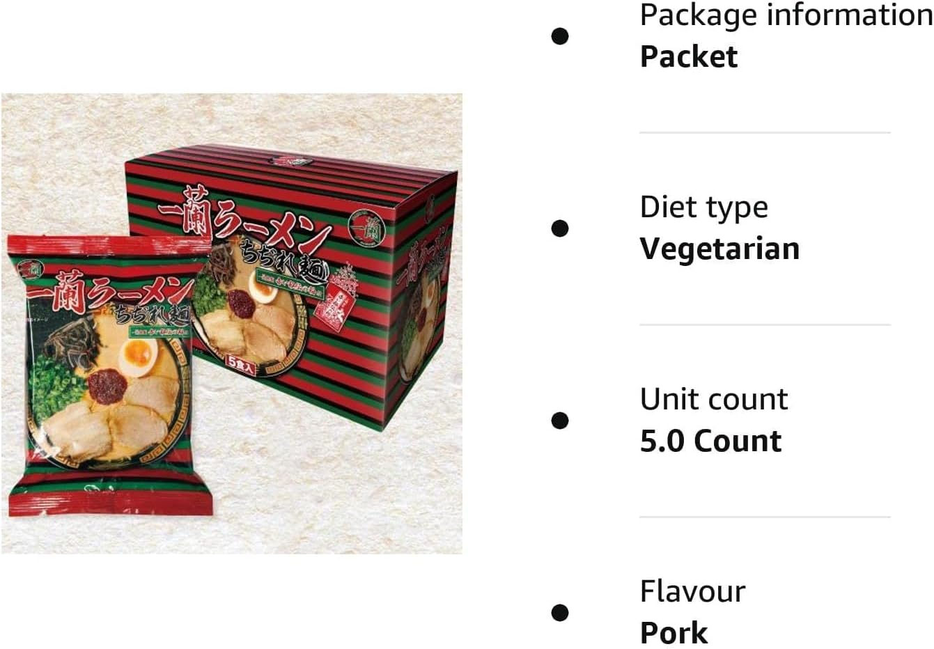 Ichiran Instant Ramen Noodles, Hakata-Style Tonkotsu Soup with Curly Noodles - 5 Meals - from Japan