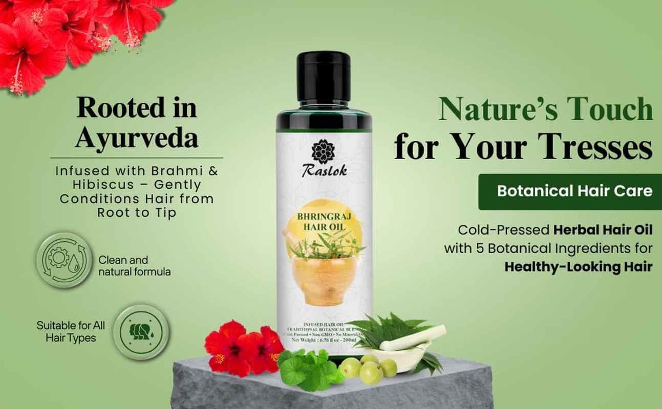 Raslok Bhringraj Hair Oil 6.76 Fl Oz &ndash;200Ml | Ayurvedic Botanical Blend with Amla, Neem, Hibiscus & Brahmi | Cold-Pressed | Non-Gmo | No Mineral Oil | Made in India image number 4