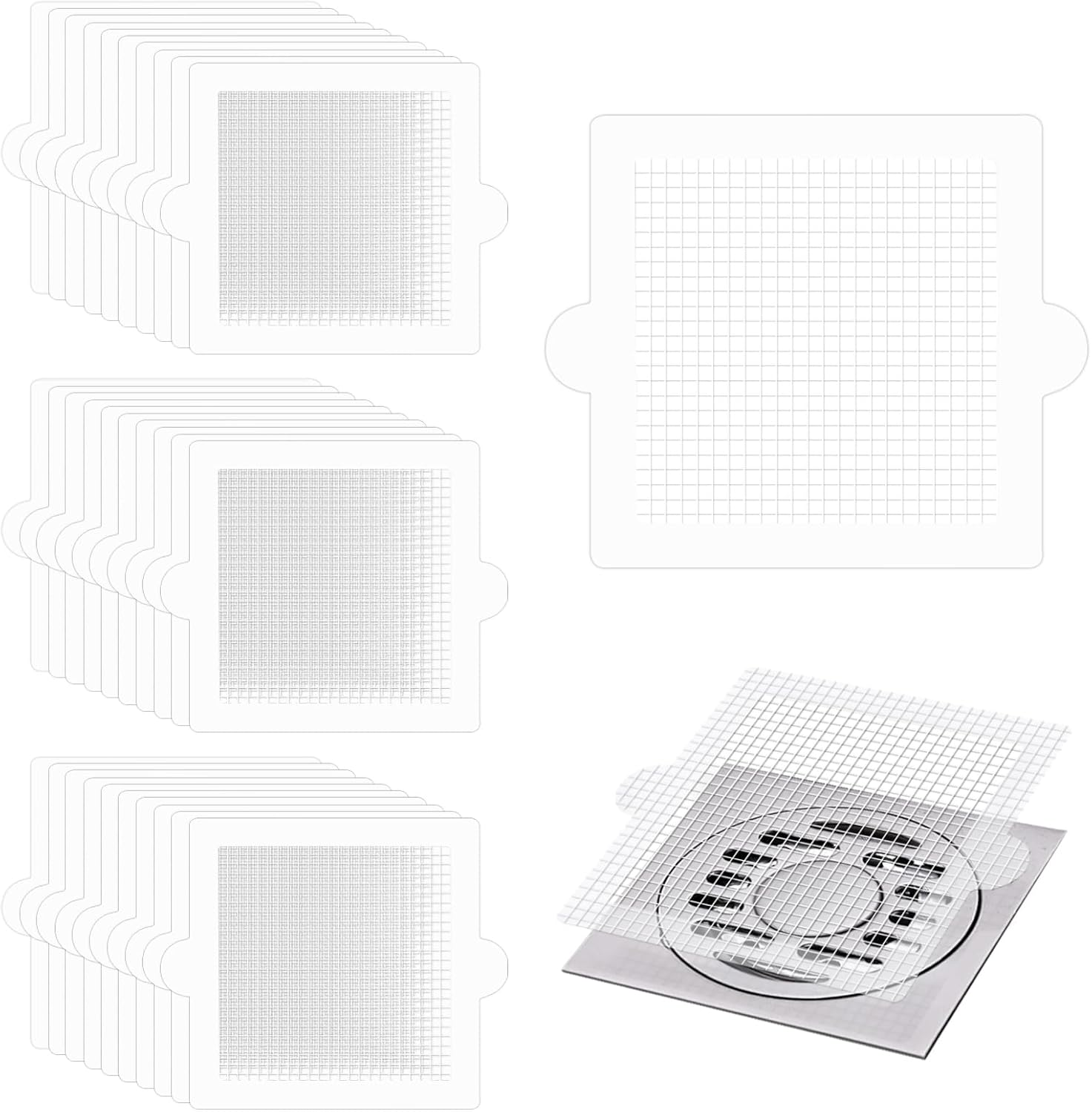 Bagentry 40 Pack Disposable Shower Drain Hair Catcher Square, 4.1 in Mesh Drain Covers Stickers, Flat Shower Hair Trap Stopper Collector Filter for Bathroom Laundry Bathtub Sink Kitchen White image number 1